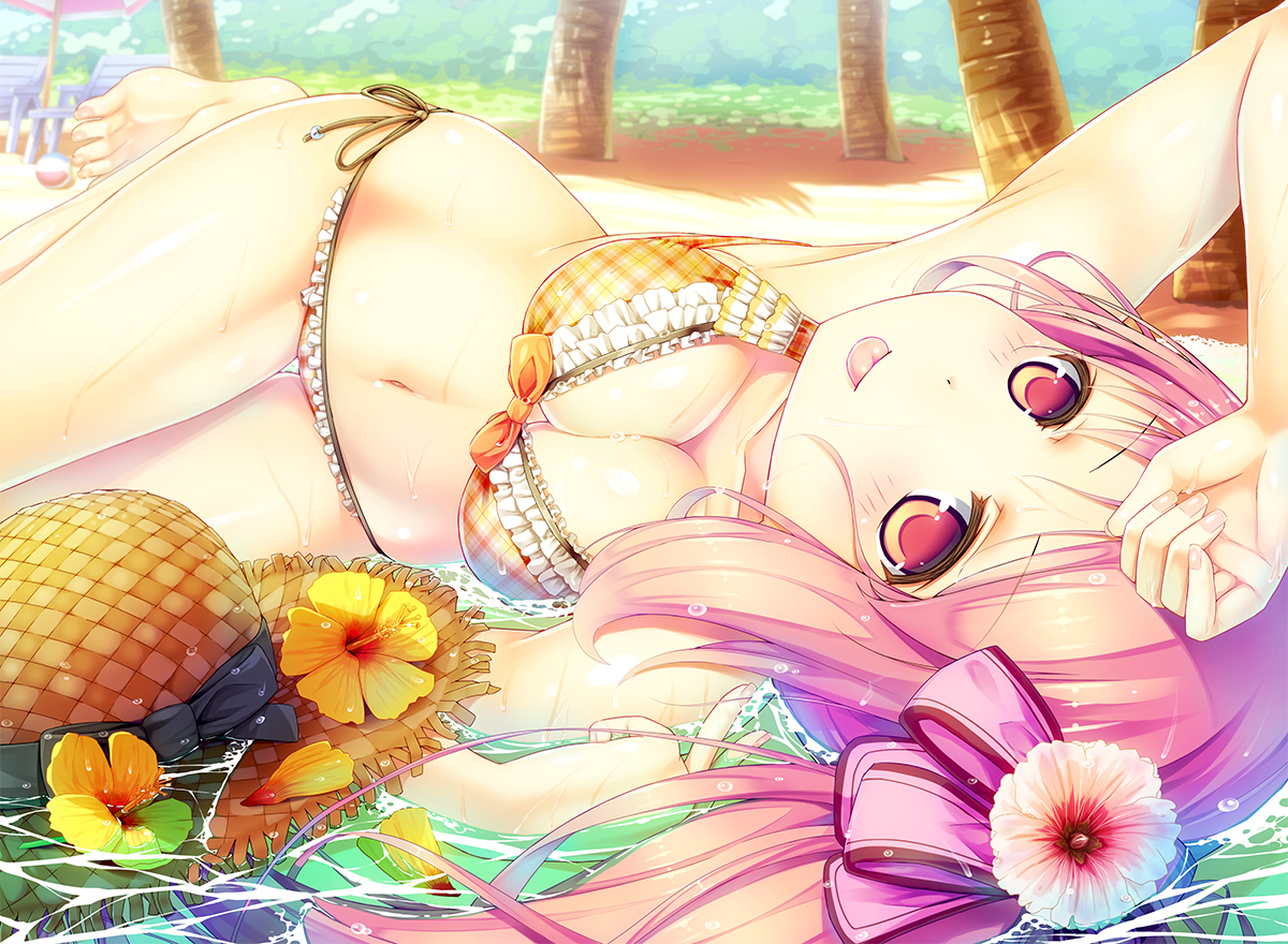 bikini, blush, breasts, cleavage, flowers, hat, navel, original