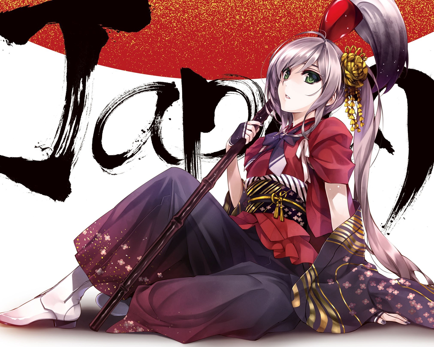 diverse_system, gray_hair, green_eyes, japanese_clothes, long_hair, misaki_kurehito, original