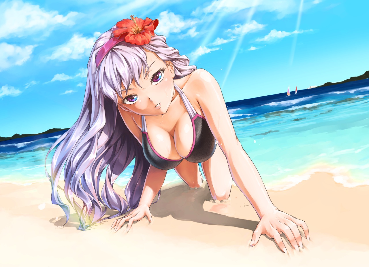 beach, bikini, breasts, cleavage, flowers, idolmaster, long_hair, nigiriushi, shijou_takane, swimsuit, water