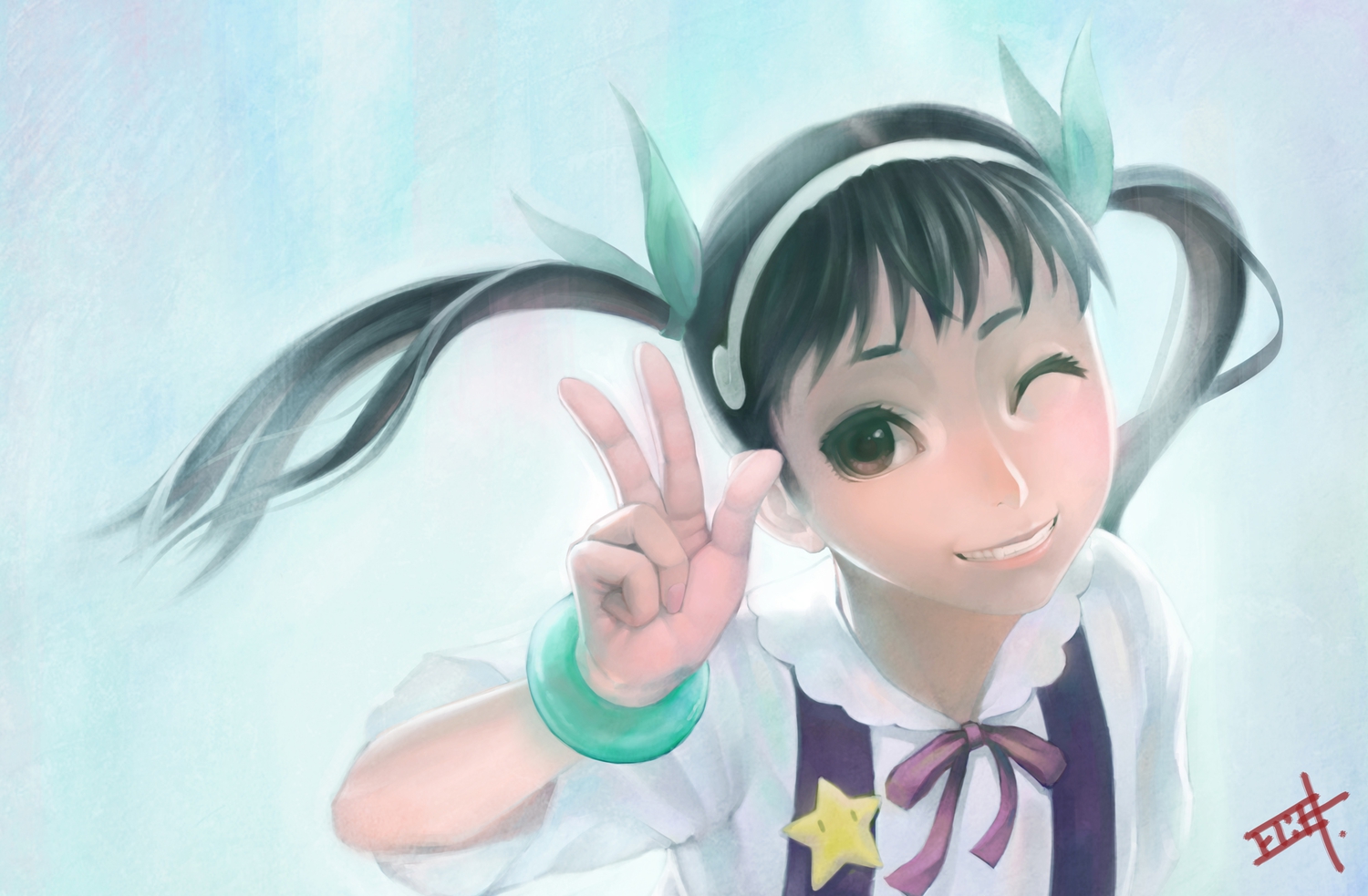 bakemonogatari, gamerag, hachikuji_mayoi, loli, monogatari_(series), twintails, wink