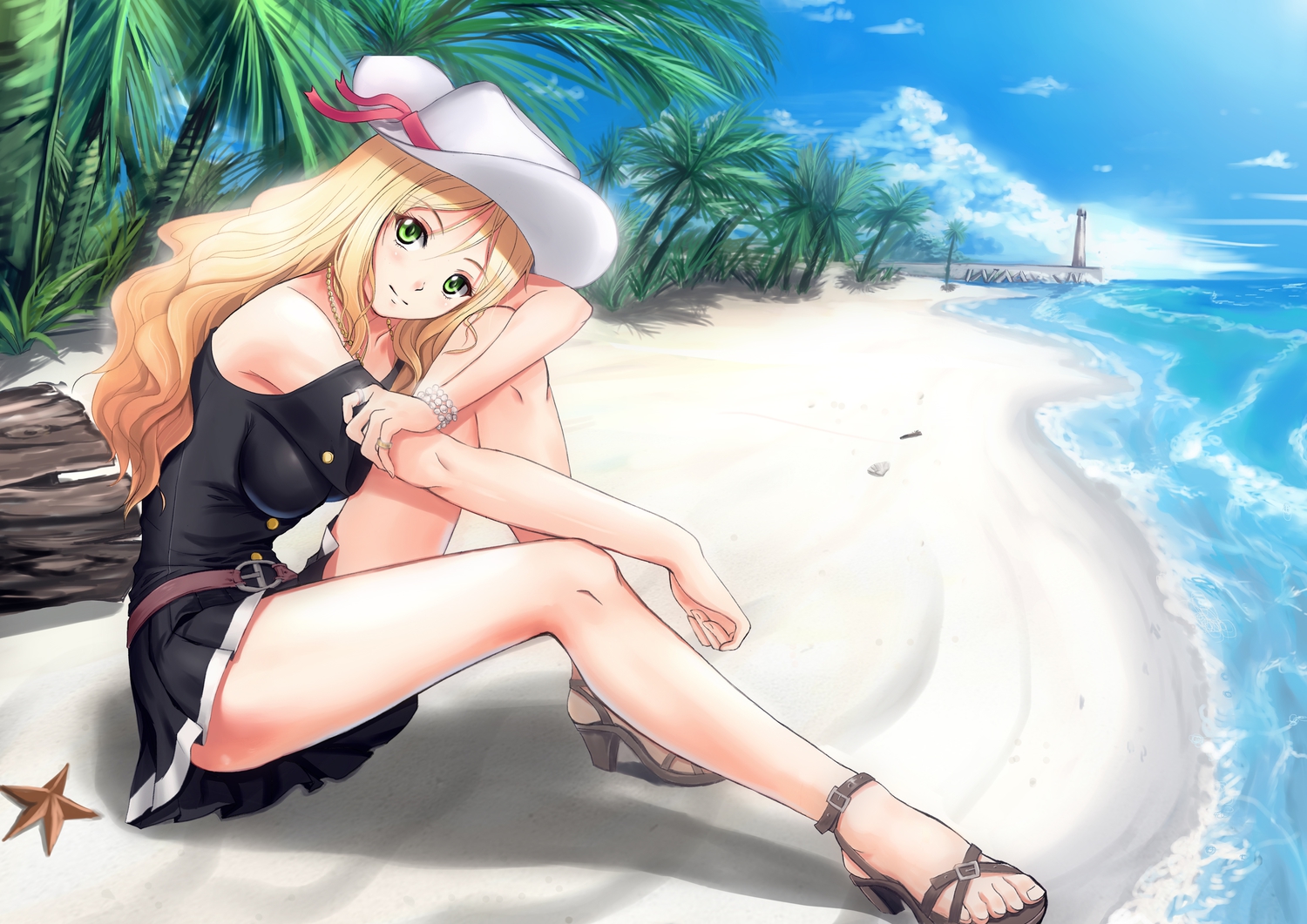 beach, blonde_hair, dress, green_eyes, hat, original, soyokaze, tree, water