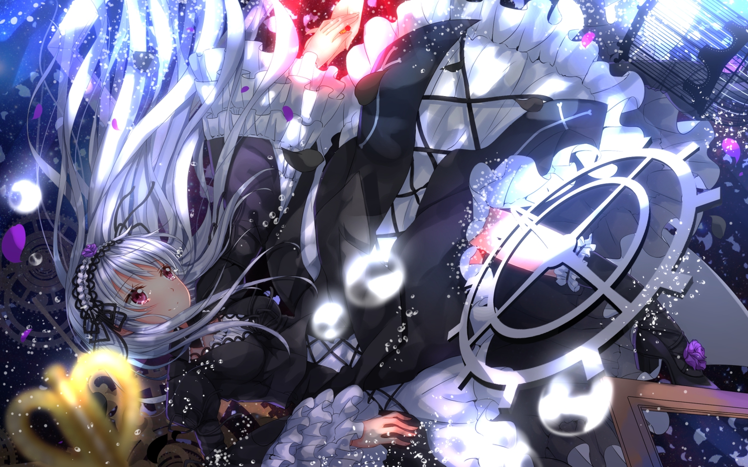 dress, headband, lolita_fashion, long_hair, petals, pink_eyes, rozen_maiden, suigintou