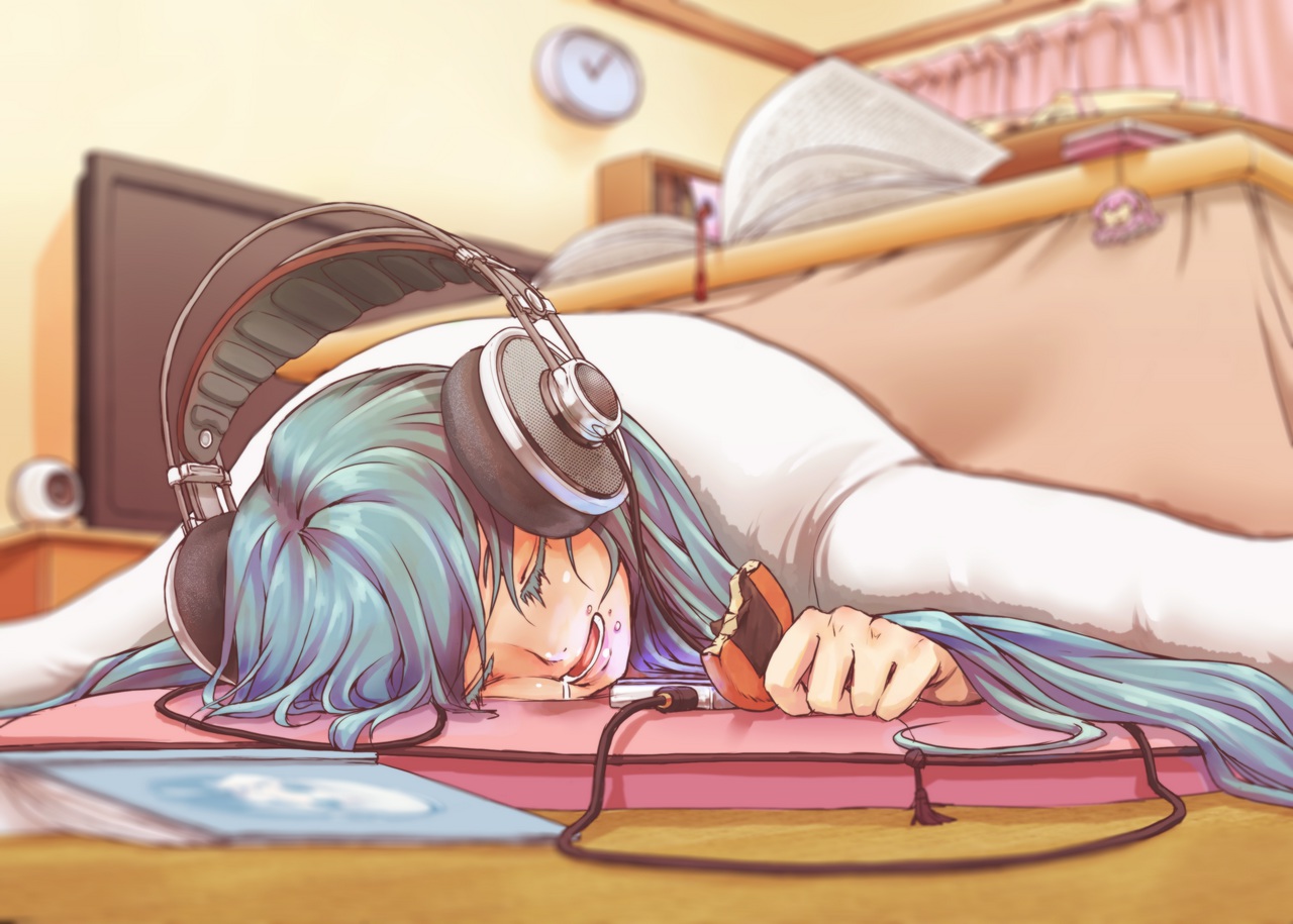 blue_hair, book, food, hatsune_miku, headphones, nigiriushi, sleeping, vocaloid
