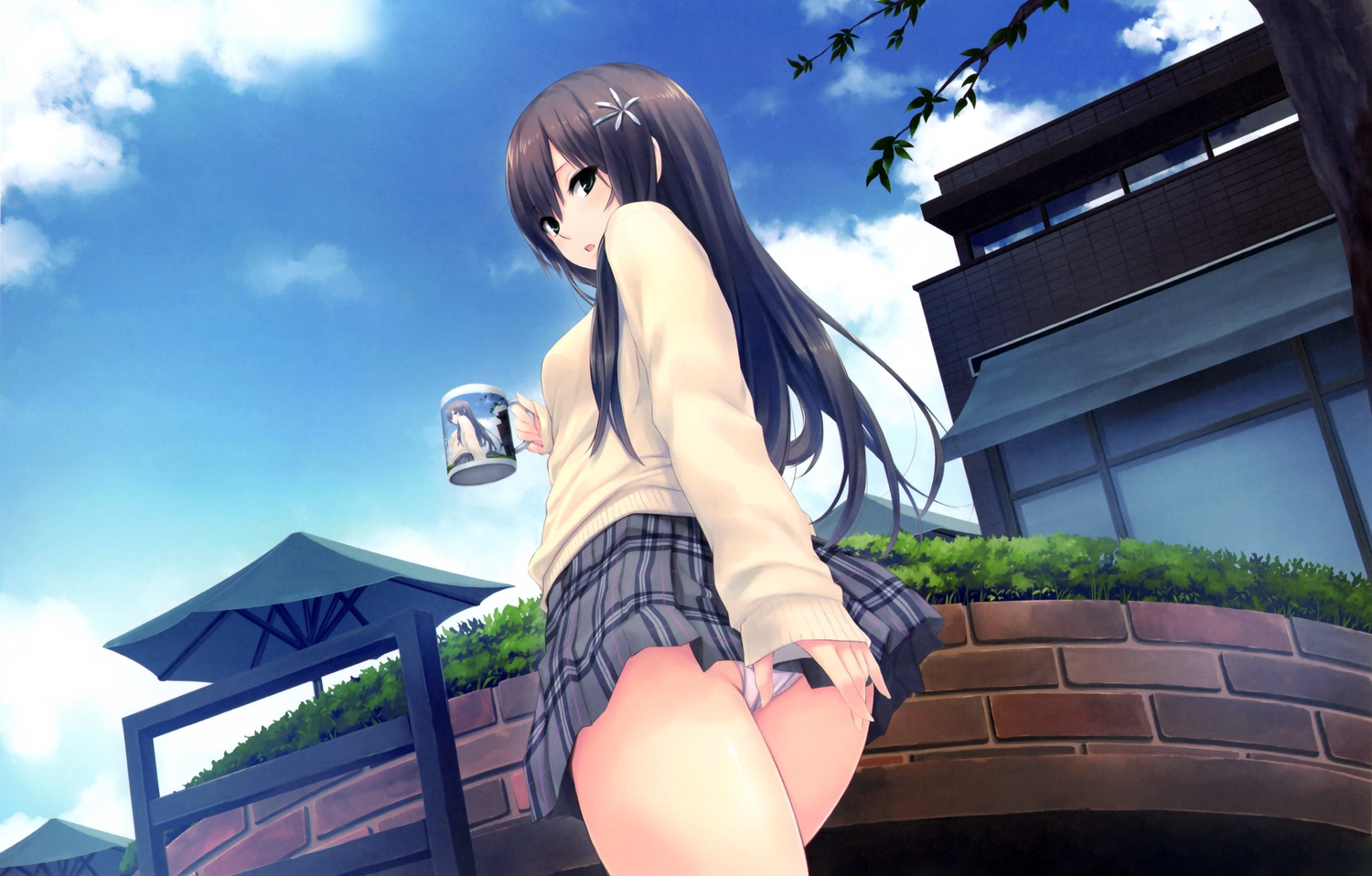black_hair, building, clouds, coffee-kizoku, green_eyes, long_hair, original, panties