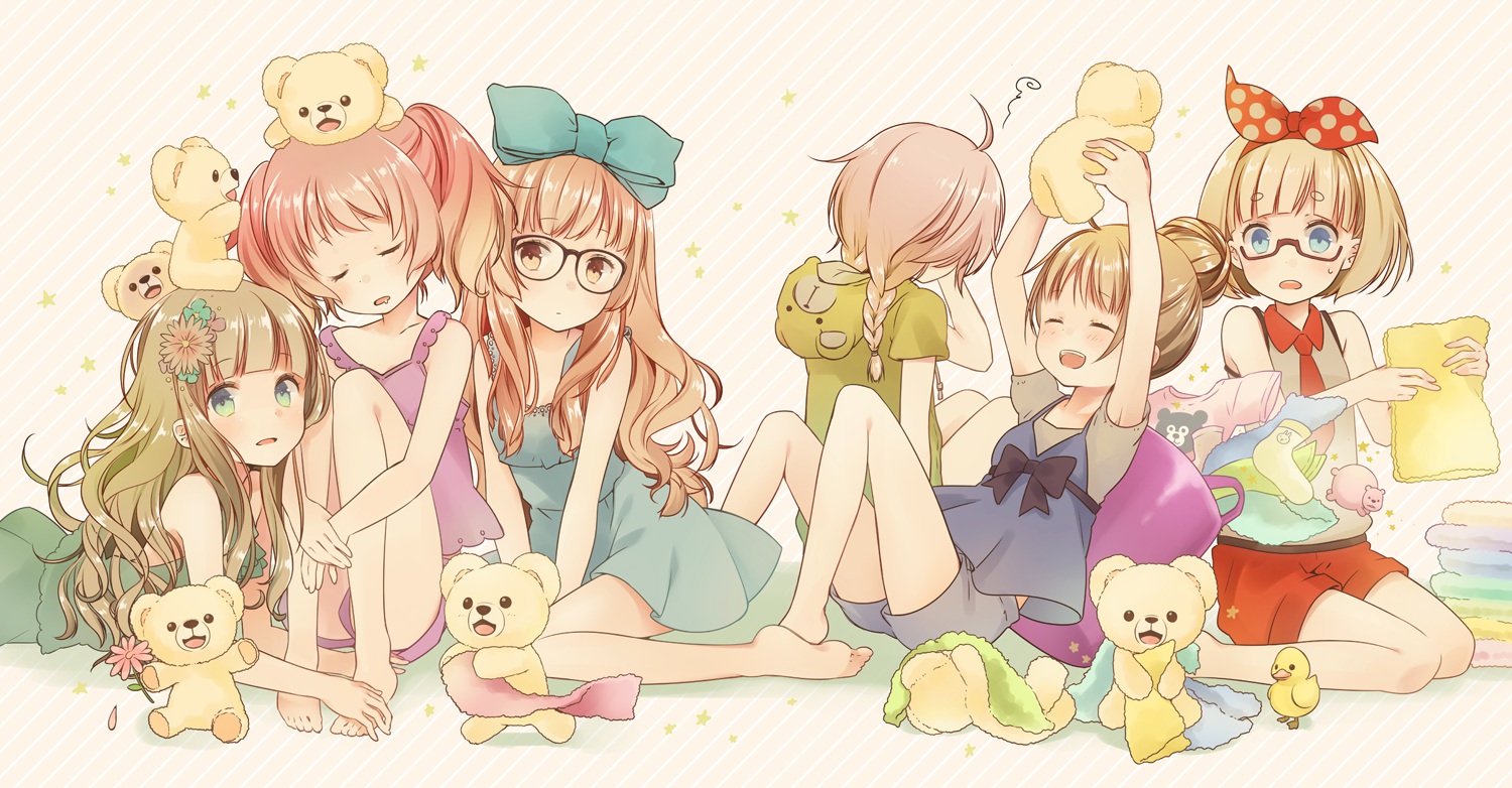 barefoot, blue_eyes, brown_eyes, brown_hair, glasses, green_eyes, pink_hair, sleeping