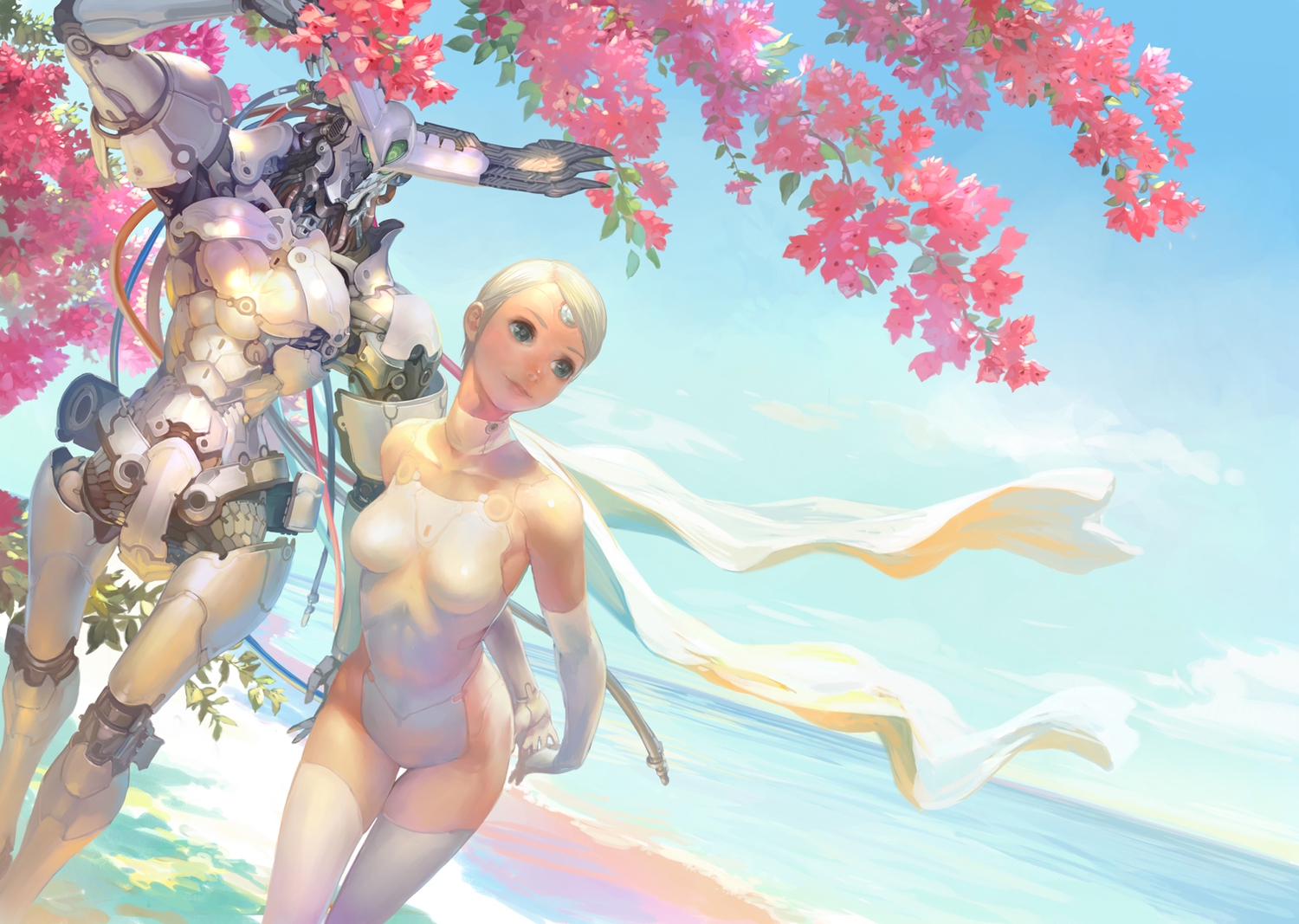 bodysuit, flowers, original, robot, short_hair, skintight, sky, takayama_toshiaki