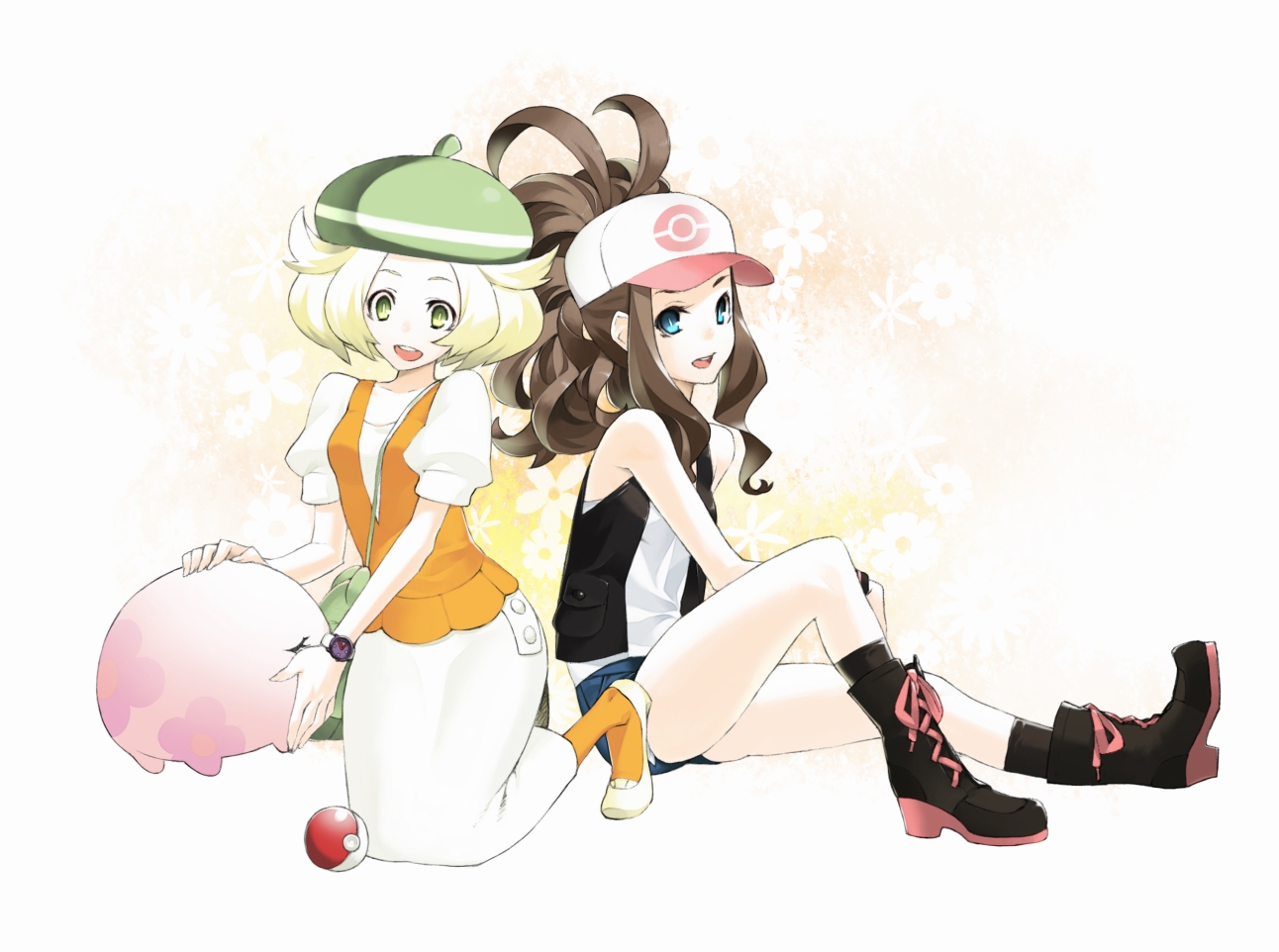 92m, bel_(pokemon), blonde_hair, blue_eyes, boots, brown_hair, green_eyes, hat