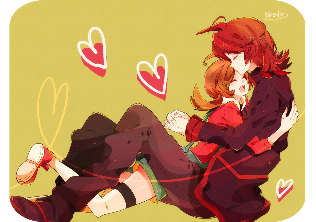 brown_hair, heart, hug, kotone_(pokemon), nicole_(usako), pokemon, red_hair, signed, silver, thighhighs