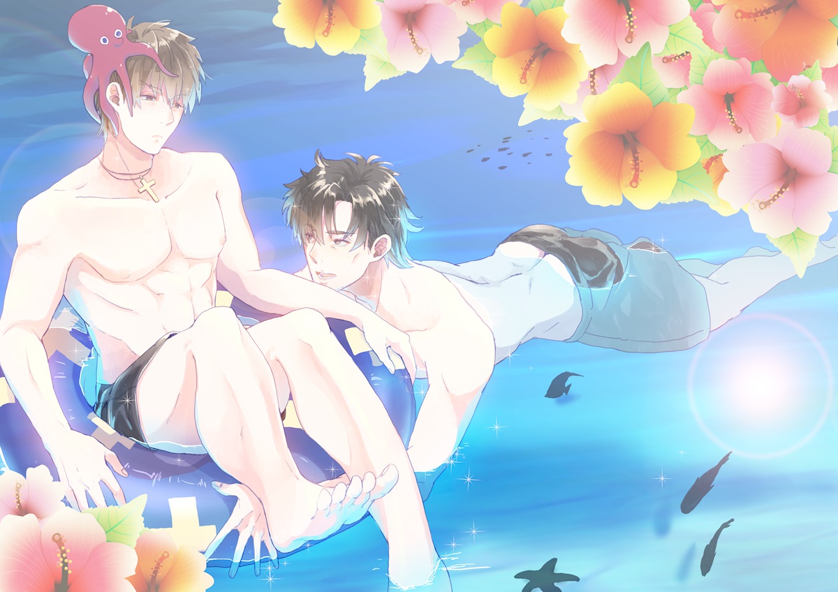 all_male, black_hair, brown_hair, cross, emiya_kiritsugu, fate_(series), fate/stay_night, fate/zero, flowers, kotomine_kirei, male, monchan19870113, swimsuit, water