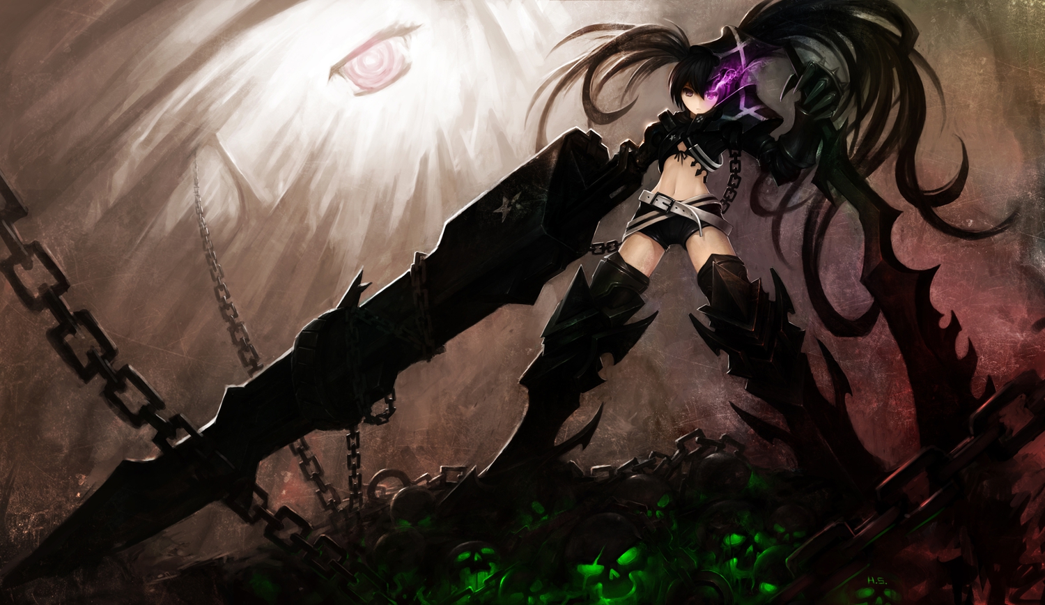 black_rock_shooter, chain, gun, hanshu, insane_black_rock_shooter, kuroi_mato, sword, weapon