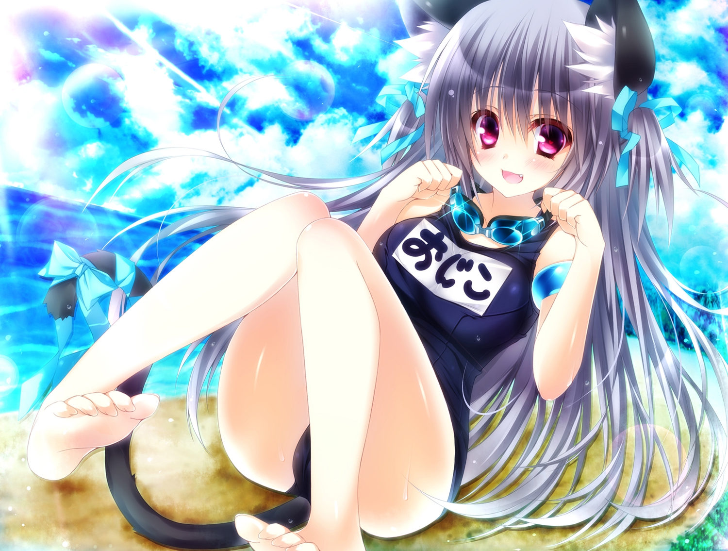 animal_ears, barefoot, beach, catgirl, fang, goggles, gray_hair, long_hair, ojitcha, original, oziko_(ojitcha), purple_eyes, school_swimsuit, swimsuit, tail, water