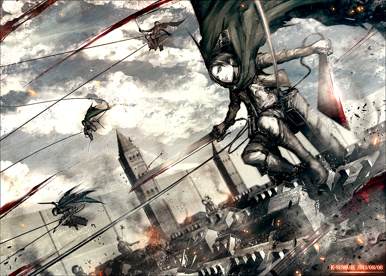 cape, clouds, kei-suwabe, levi_ackerman, shingeki_no_kyojin, sky, sword, weapon