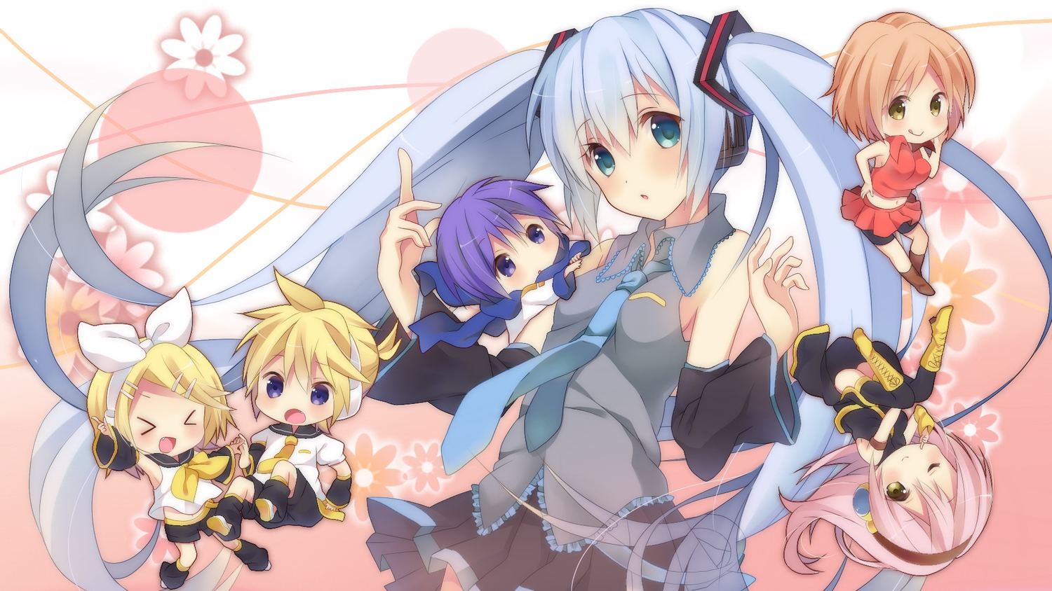 aliasing, chibi, group, hatsune_miku, kagamine_len, kagamine_rin, kumakichi_(toshigat), male, megurine_luka, meiko, vocaloid