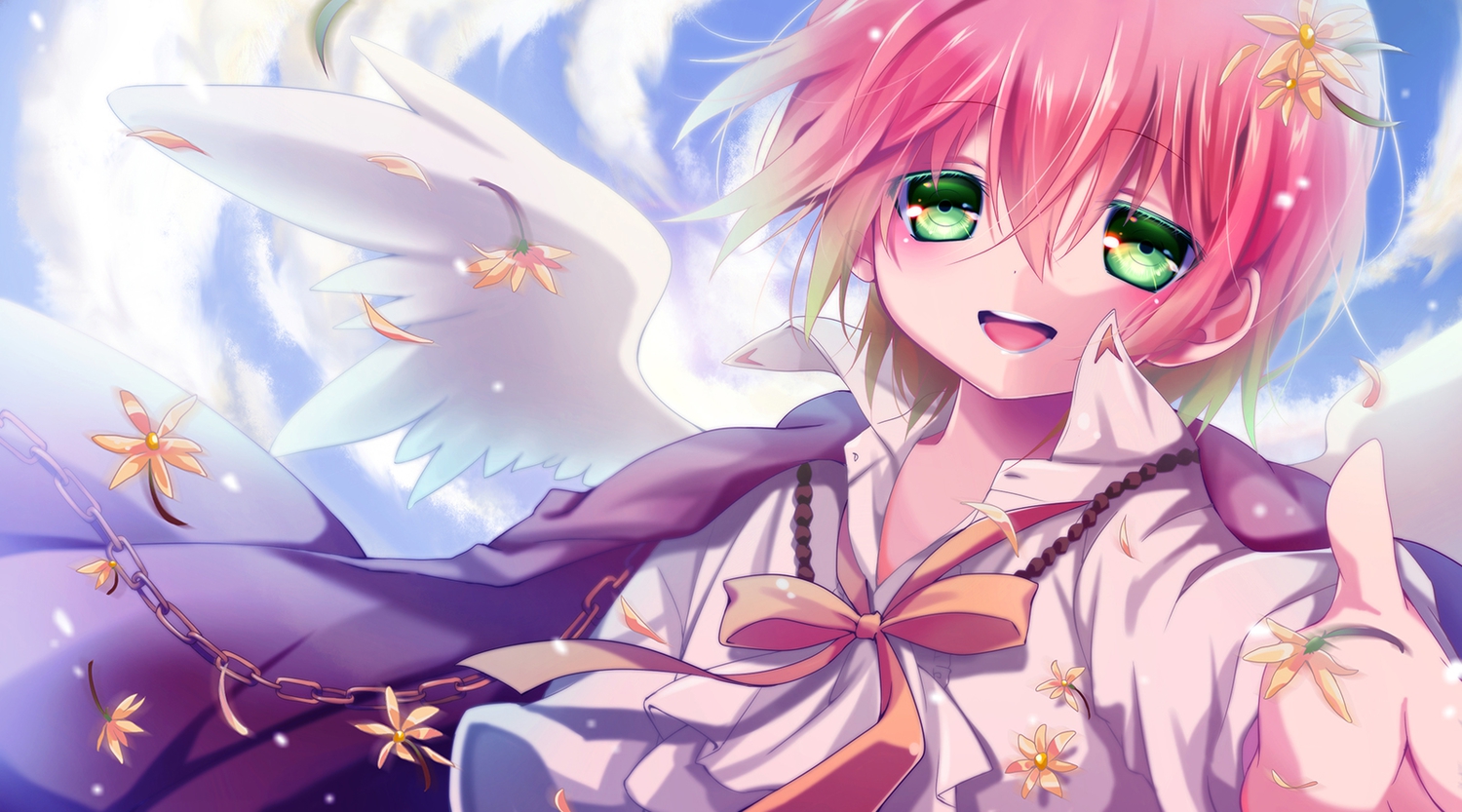 chain, clouds, flowers, green_eyes, pink_hair, ribbons, shinwa, sky