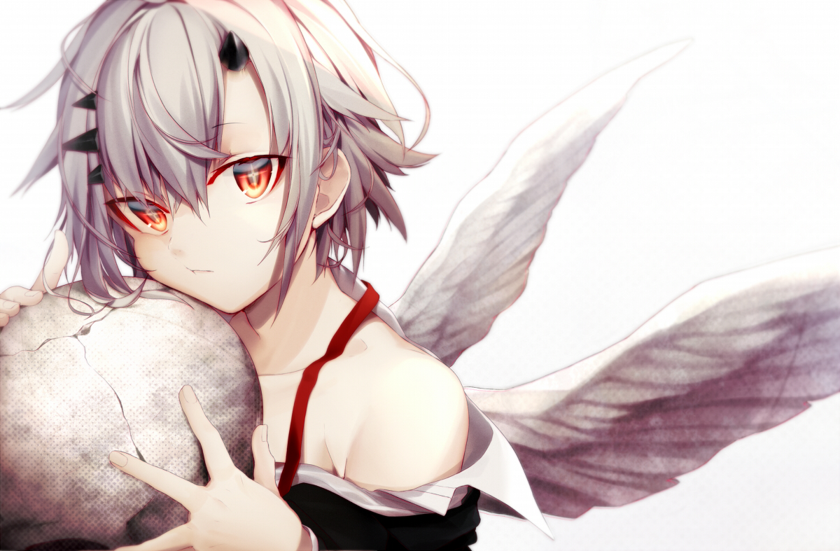 gray_hair, horns, original, red_eyes, ribbons, shirotaka_(5choume), short_hair, skull