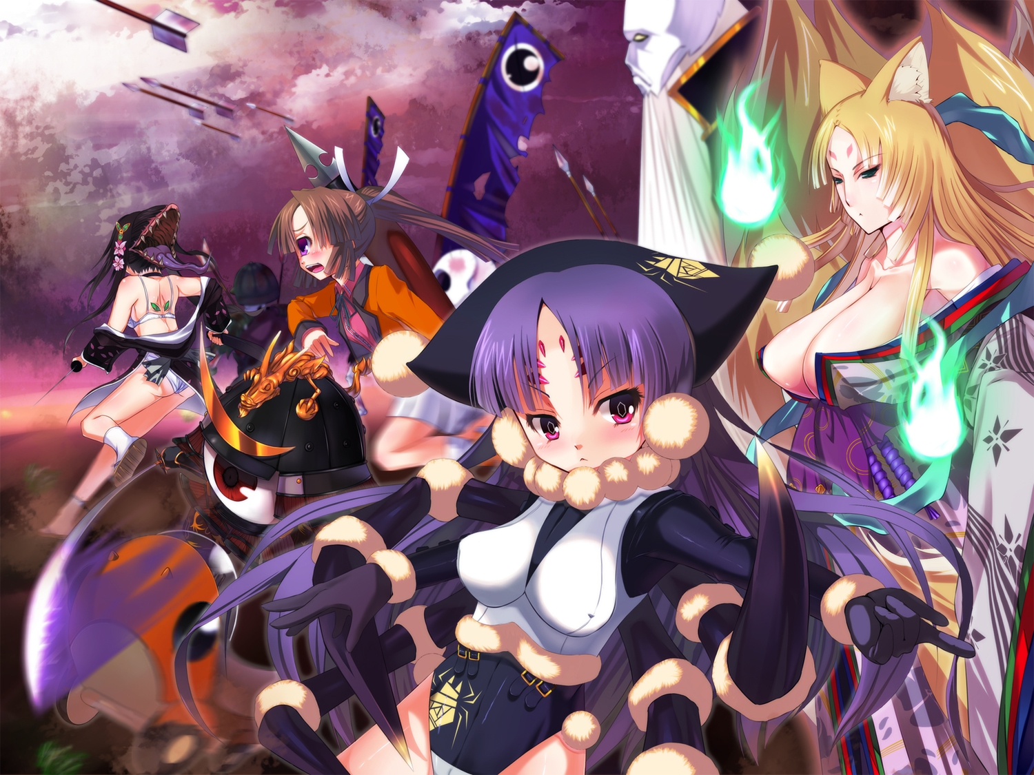 animal_ears, blonde_hair, brown_hair, dokuganryuu_masamune, hat, japanese_clothes, kishinami, nogiku_(sengoku_rance)