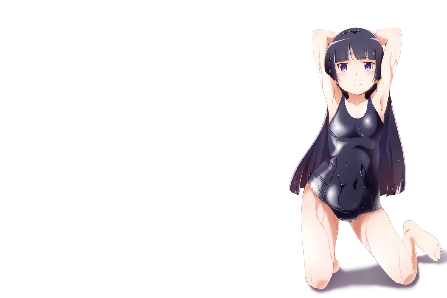 black_hair, gokou_ruri, long_hair, ore_no_imouto_ga_konna_ni_kawaii_wake_ga_nai, purple_eyes, school_swimsuit, suzumeko, swimsuit, wet, white