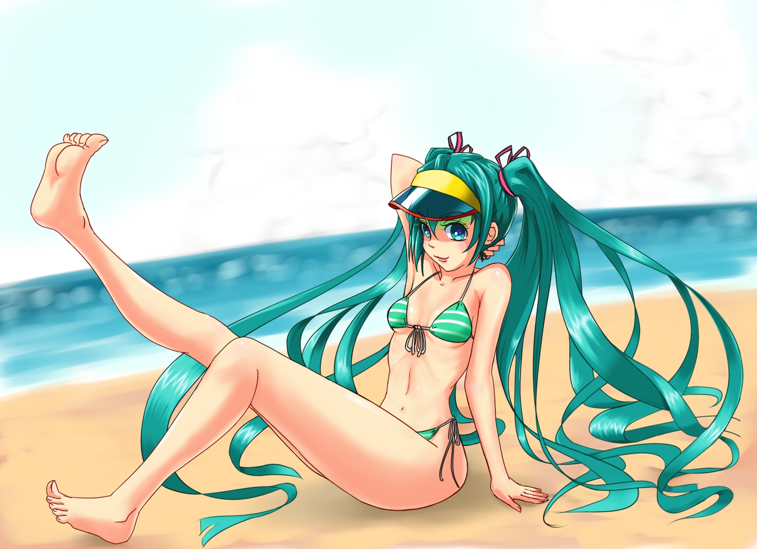 aqua_hair, barefoot, beach, bikini, hatsune_miku, long_hair, ponnu, swimsuit, vocaloid