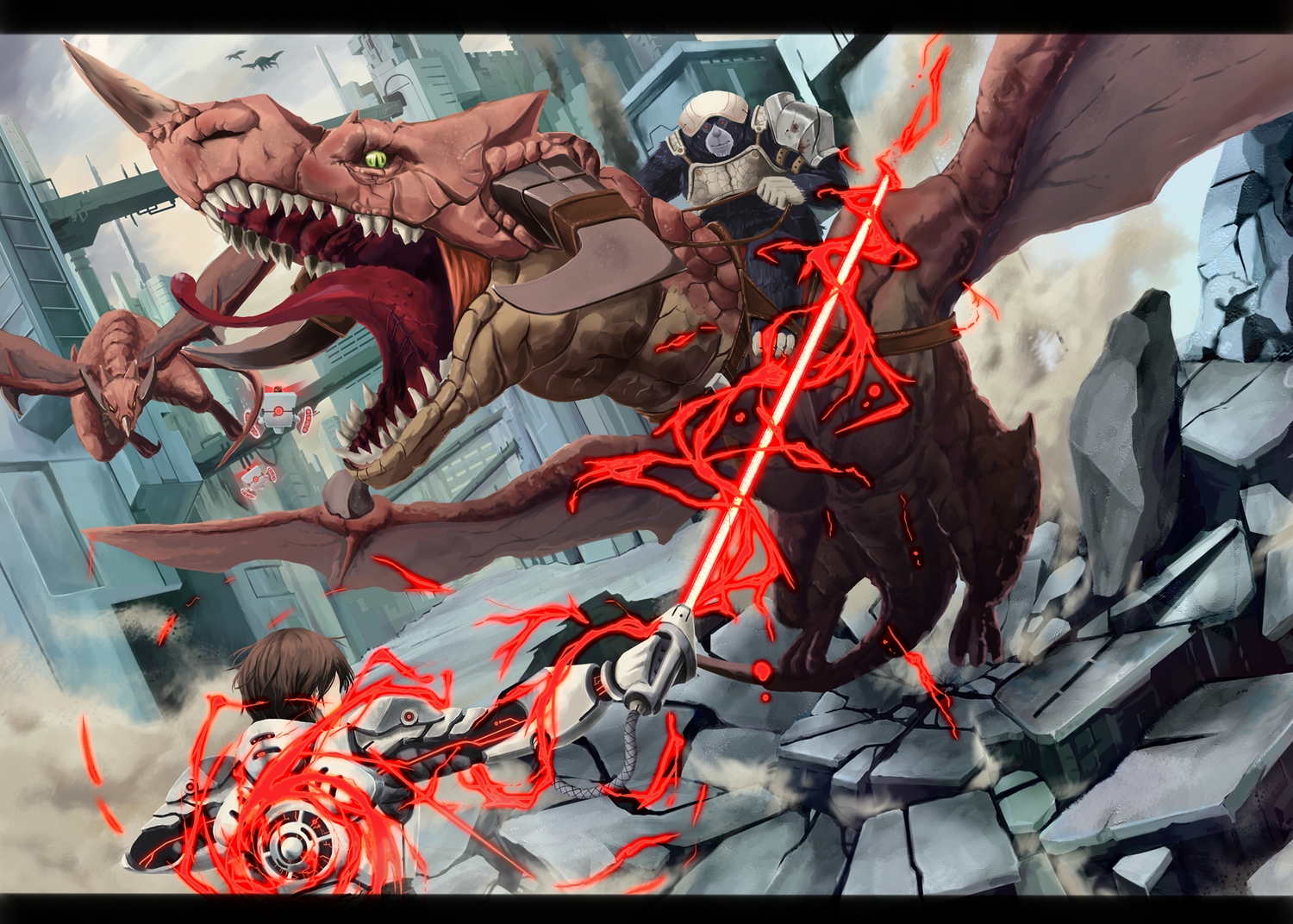 all_male, animal, armor, brown_hair, building, city, dragon, horns, lightsaber, male, mikannsisyou, original, robot, short_hair, sword, weapon