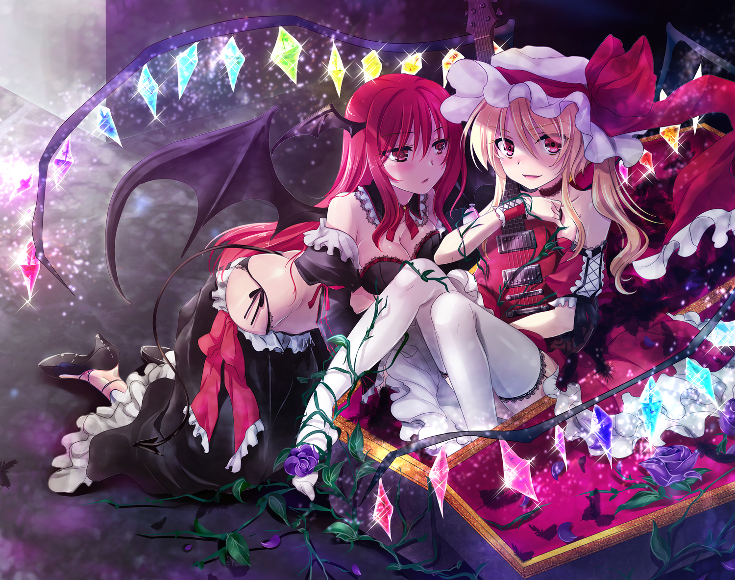 blonde_hair, breasts, cleavage, demon, flandre_scarlet, guitar, hat, instrument, koakuma, mikami_mika, red_eyes, red_hair, thighhighs, touhou, vampire, wings