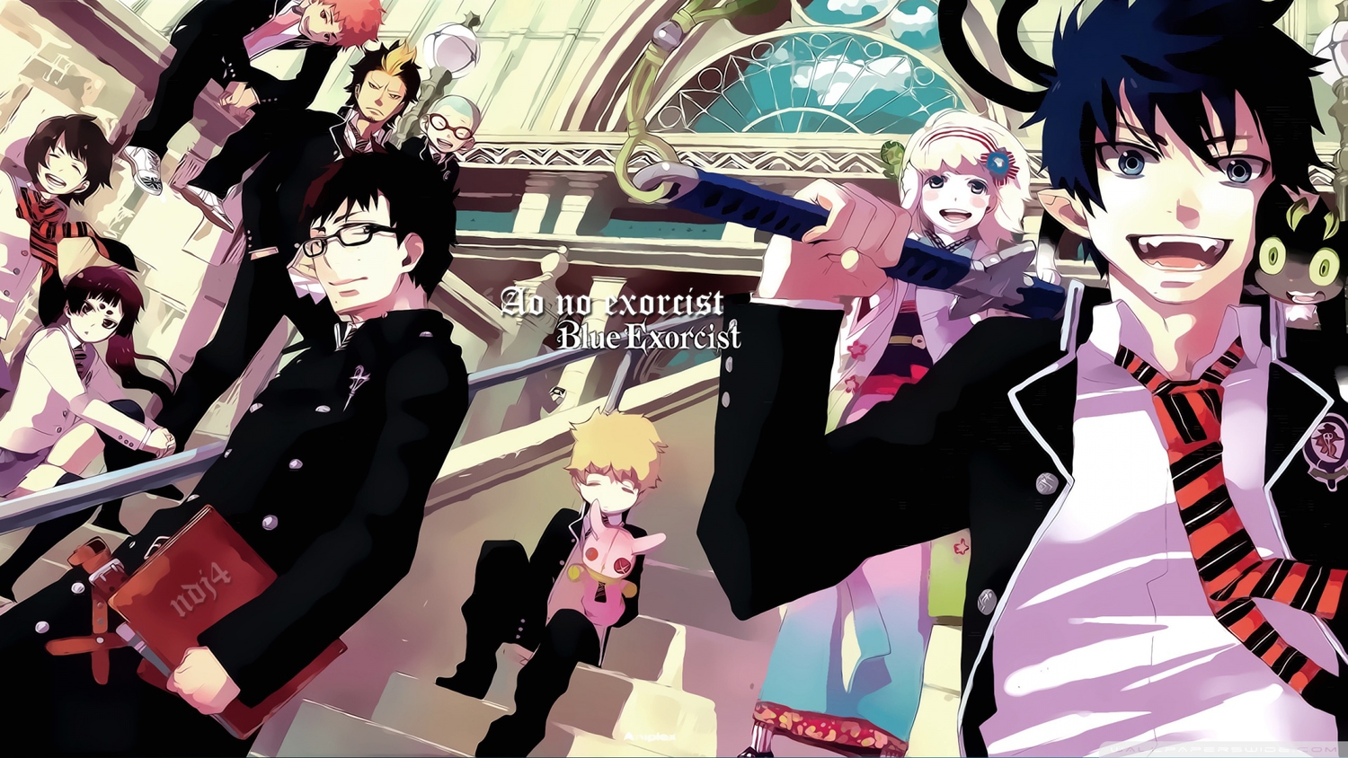 animal, ao_no_exorcist, blue_hair, book, brown_hair, bunny, cat, doll, glasses, group, japanese_clothes, kamiki_izumo, kimono, kuro_(ao_no_exorcist), male, miwa_konekomaru, moriyama_shiemi, nii_(ao_no_exorcist), okumura_rin, okumura_yukio, paku_noriko, pointed_ears, puppet, purple_hair, scarf, school_uniform, shima_renzou, suguro_ryuji, sword, takara_(ao_no_exorcist), tie, weapon