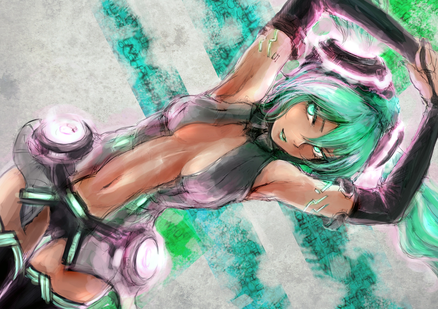 green_eyes, green_hair, hatsune_miku, miku_append, osakana_(denpa_yun'yun), sketch, vocaloid