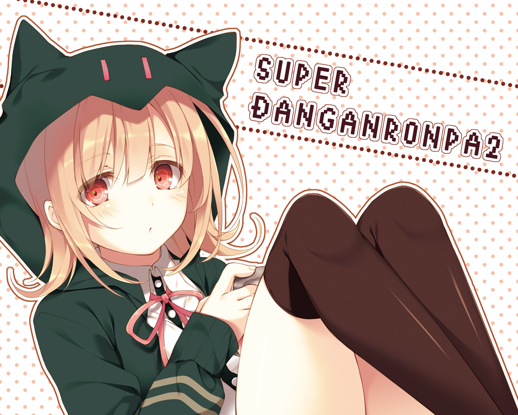 animal_ears, blonde_hair, blush, dangan-ronpa, dangan-ronpa_2, nanami_chiaki, red_eyes, thighhighs