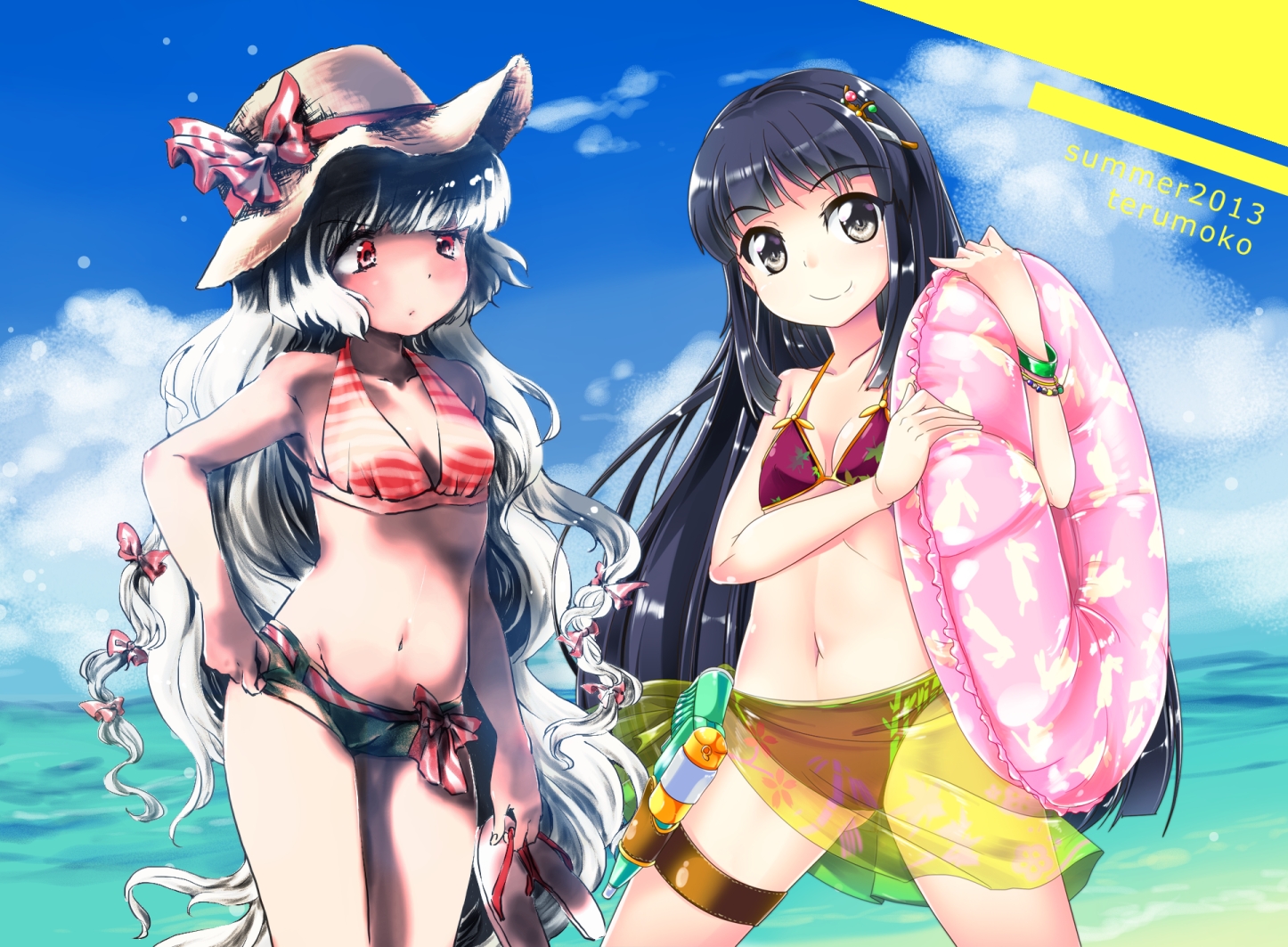 2girls, beach, bikini, black_eyes, black_hair, fujiwara_no_mokou, hat, houraisan_kaguya, kinosaki, red_eyes, swimsuit, t.o.d, touhou