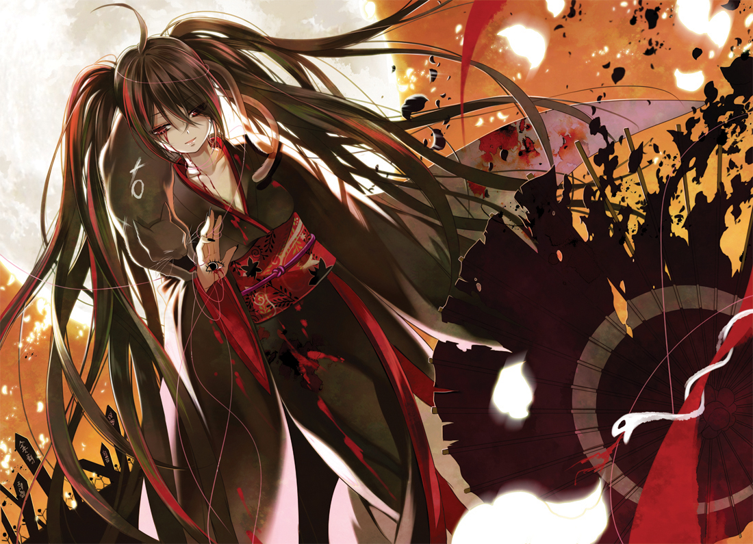 animal, black_hair, blood, cat, hatsune_miku, hoshii_hisa, japanese_clothes, kimono, long_hair, musunde_hiraite_rasetsu_to_mukuro_(vocaloid), red_eyes, umbrella, vocaloid