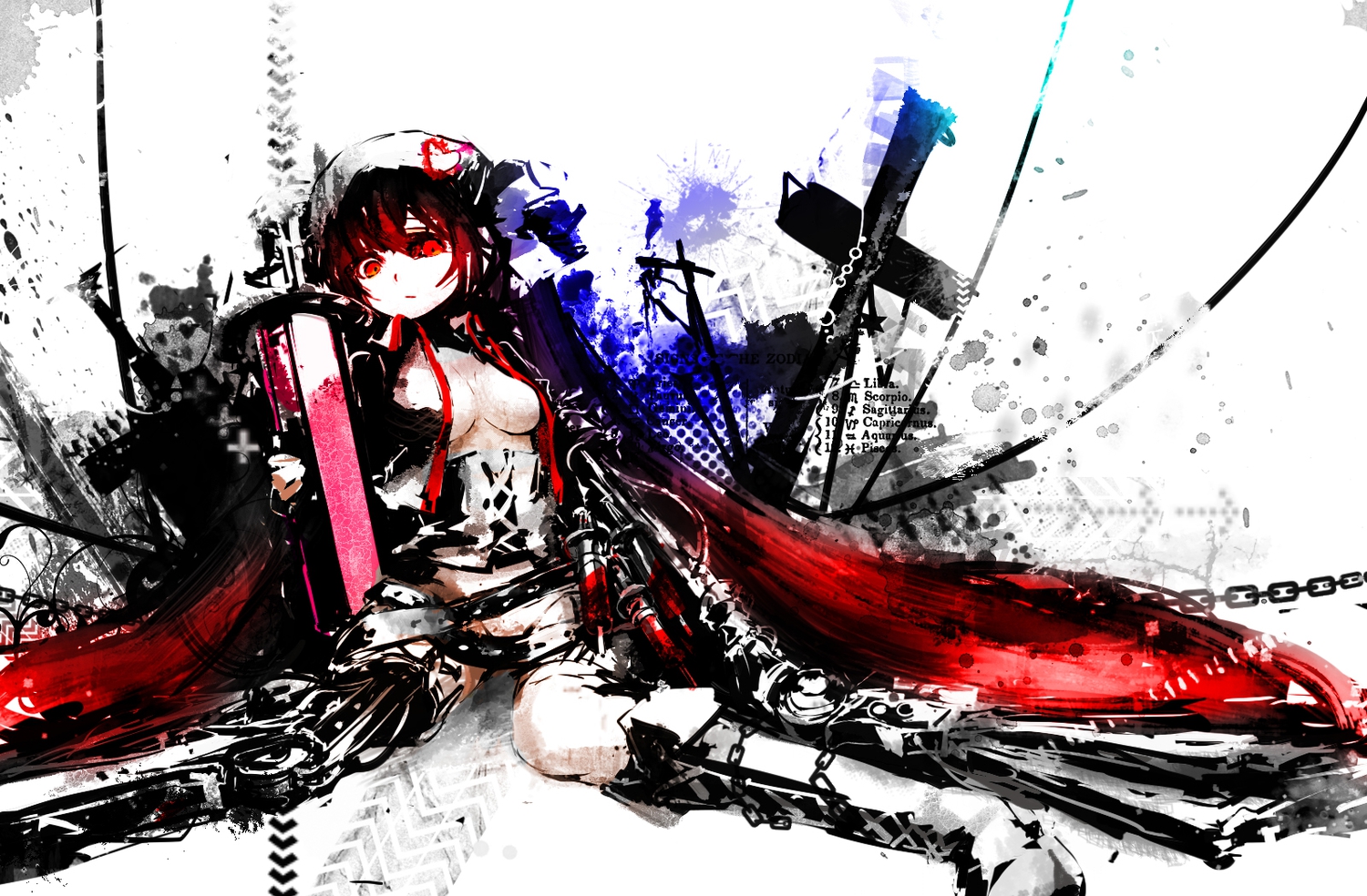 boots, breasts, calne_ca, chain, cross, doku_kinoko, hat, hatsune_miku, long_hair, open_shirt, red_eyes, red_hair, vocaloid