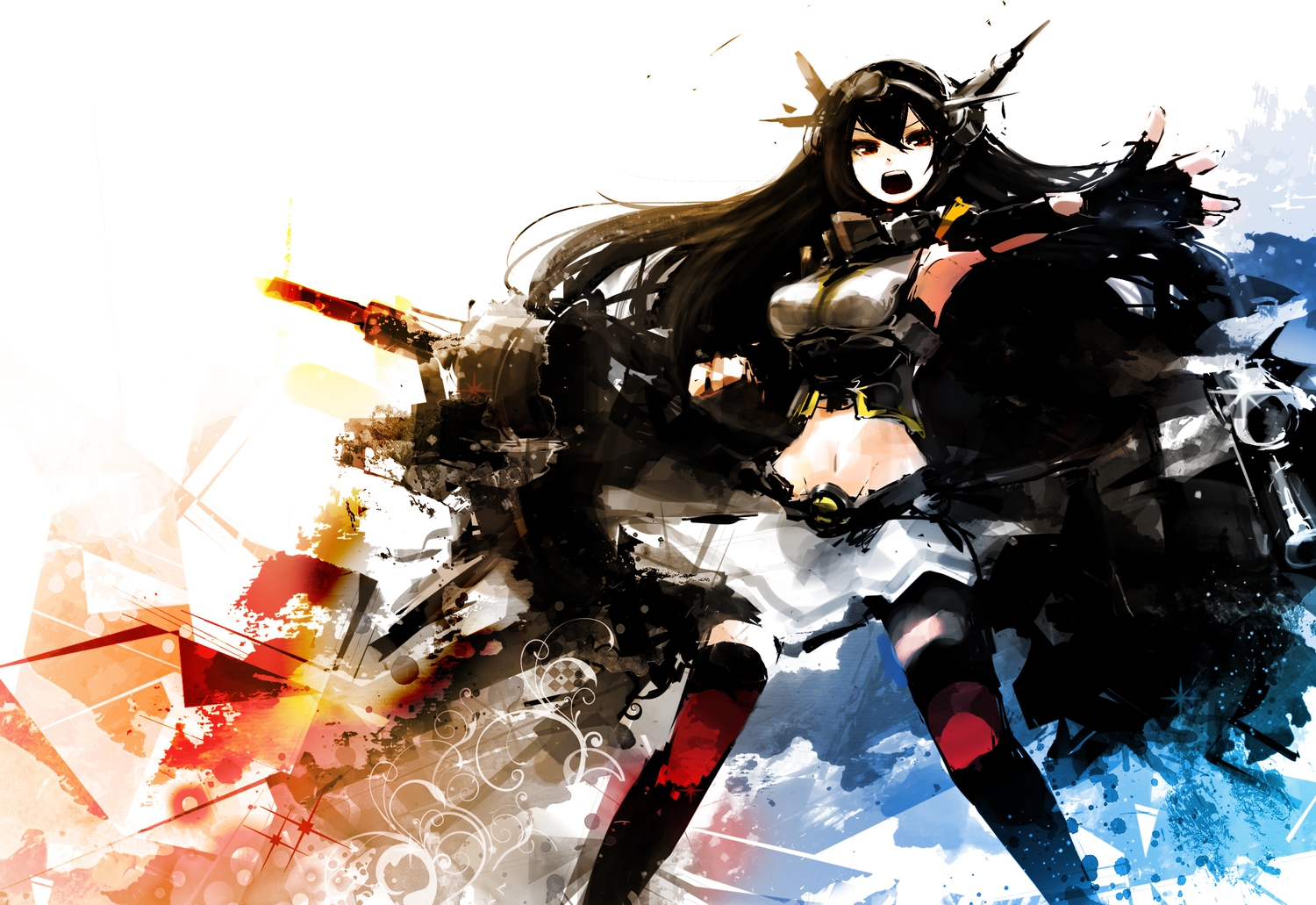 anthropomorphism, black_hair, doku_kinoko, gloves, kantai_collection, long_hair, nagato_(kancolle), navel, red_eyes, skirt, thighhighs