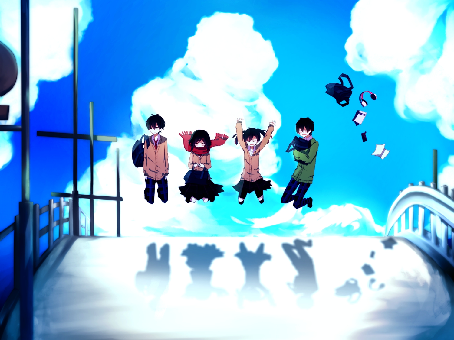 black_hair, blush, book, clouds, enomoto_takane, headphones, kagerou_project, kisaragi_shintaro
