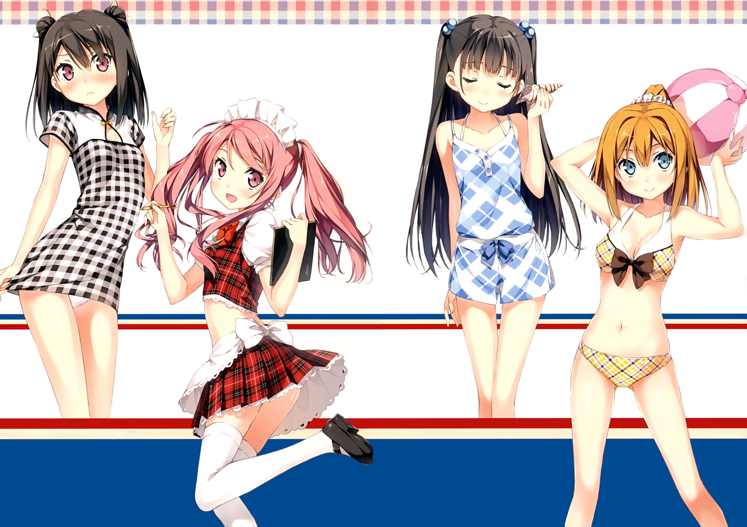 5_nenme_no_houkago, bikini, black_hair, blue_eyes, blush, book, bow, headdress