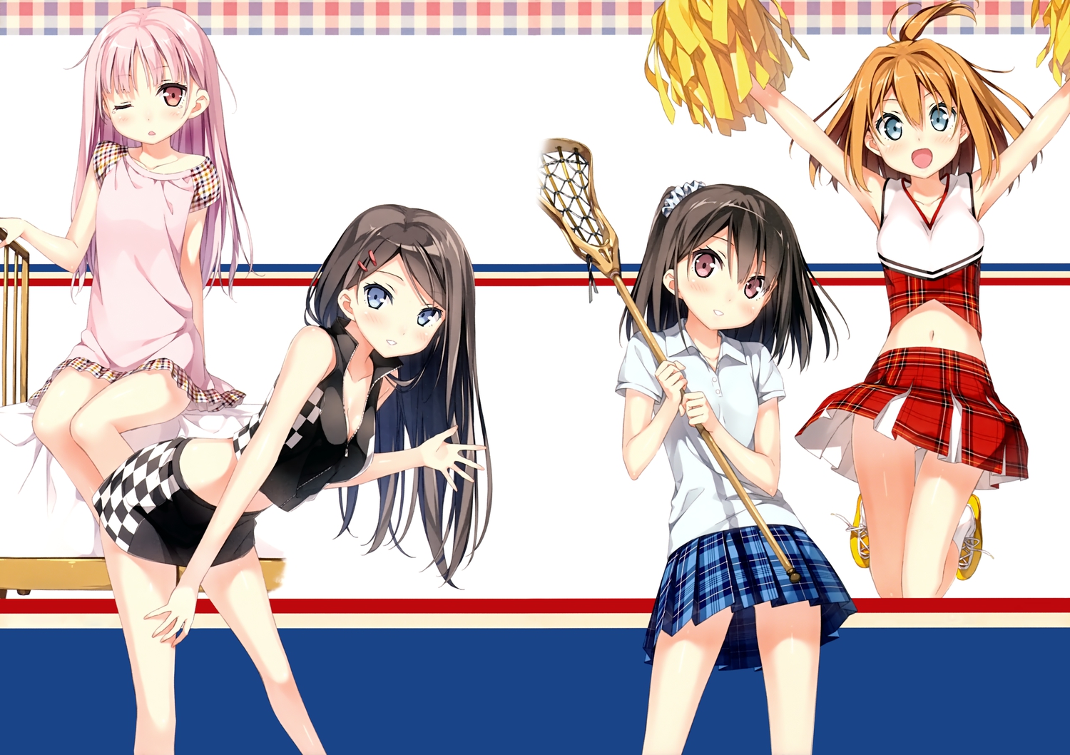 5_nenme_no_houkago, black_hair, blue_eyes, blush, cheerleader, kantoku, long_hair, miyaguchi_hiromi