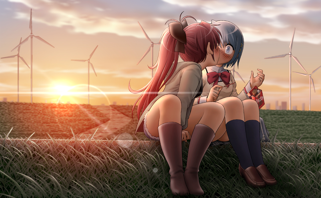 2girls, blush, food, grass, kiss, mahou_shoujo_madoka_magica, miki_sayaka, pocky, sakura_kyouko, shingyouji_tatsuya, shoujo_ai, sunset