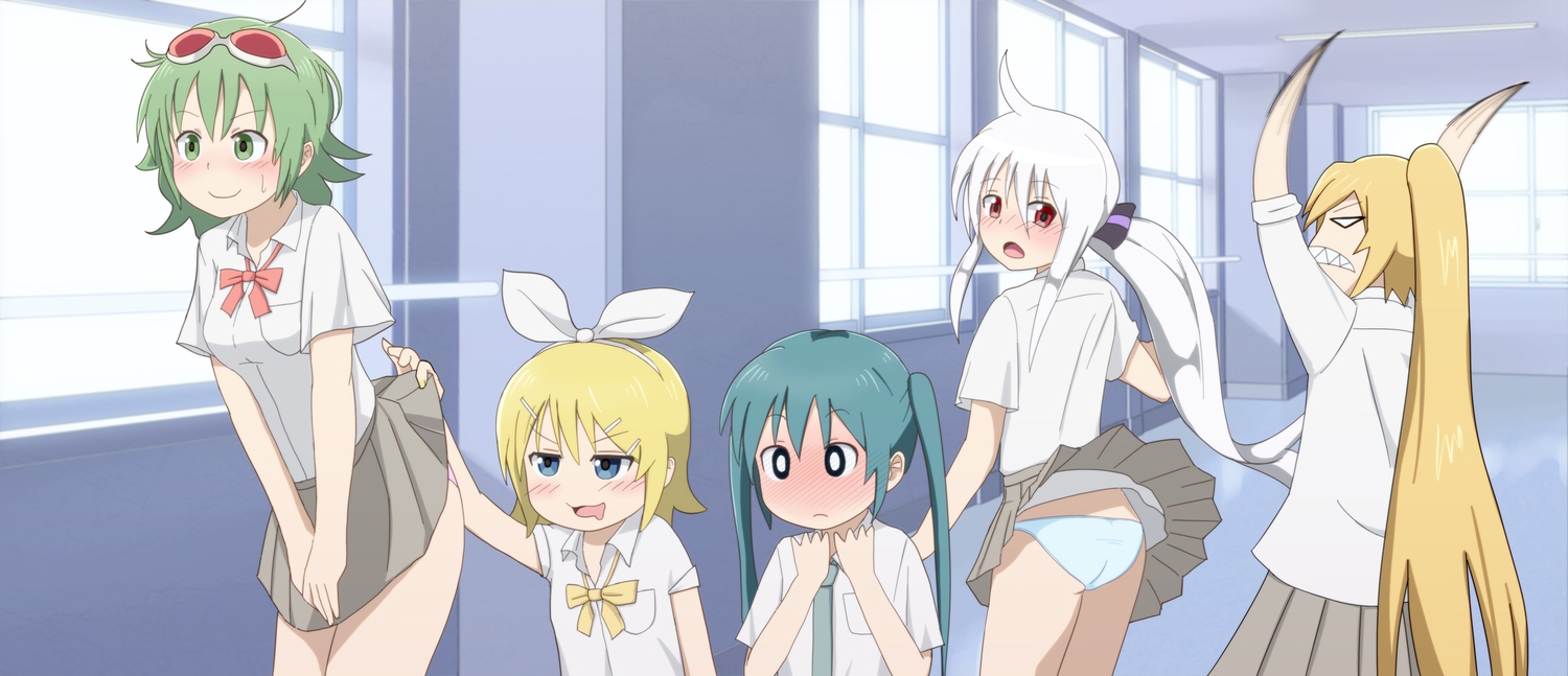 akita_neru, blush, gumi, hatsune_miku, kagamine_rin, panties, school_uniform, skirt