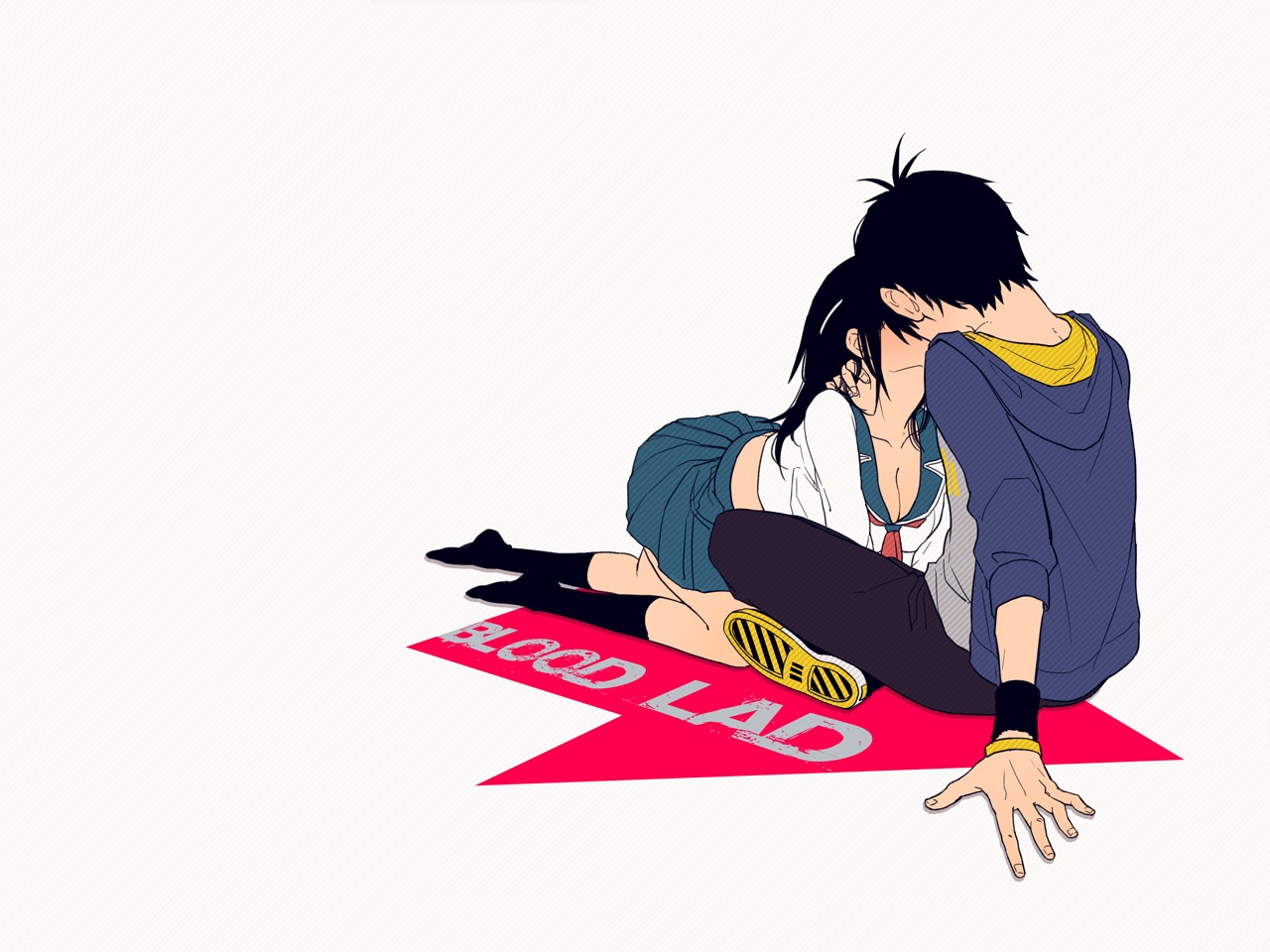 black_hair, blood_lad, charlie_blood_staz, jpeg_artifacts, kiss, kneehighs, male, school_uniform, yanagi_fuyumi