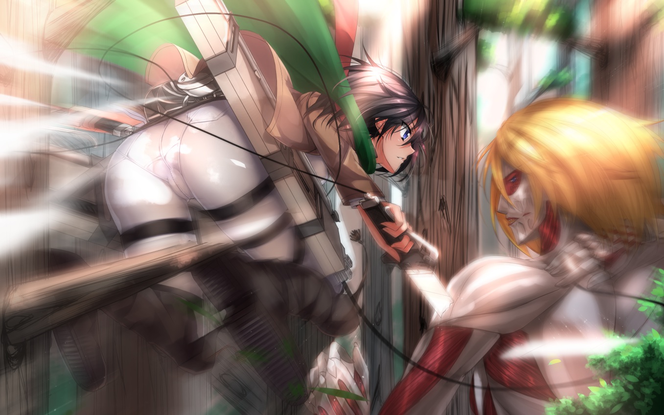 ass, black_hair, blonde_hair, cape, female_titan, mikasa_ackerman, shingeki_no_kyojin, short_hair, sword, swordsouls, uniform, weapon