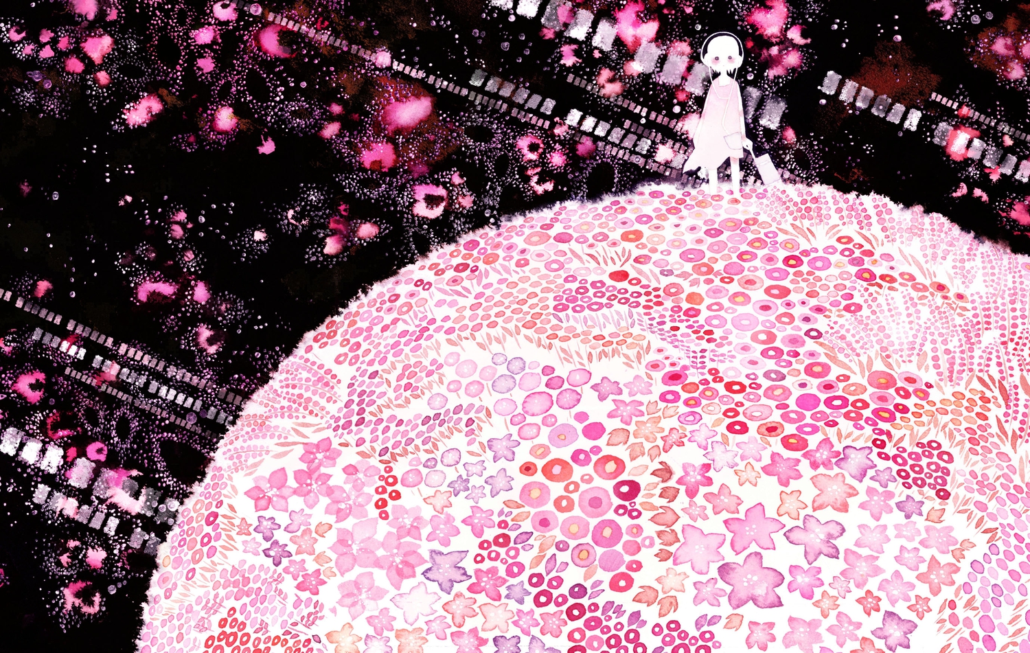 flowers, headphones, original, pink, yoshida_yoshitsugi