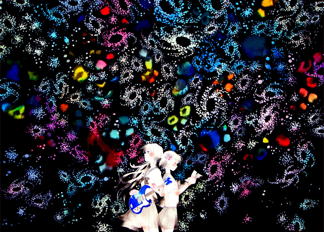 2girls, guitar, instrument, original, white_hair, yoshida_yoshitsugi
