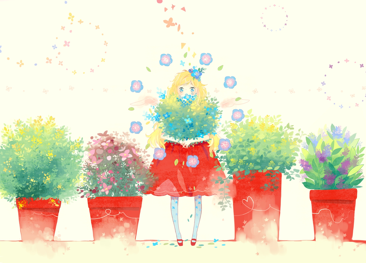 blonde_hair, blue_eyes, flowers, kyang692, original, skirt