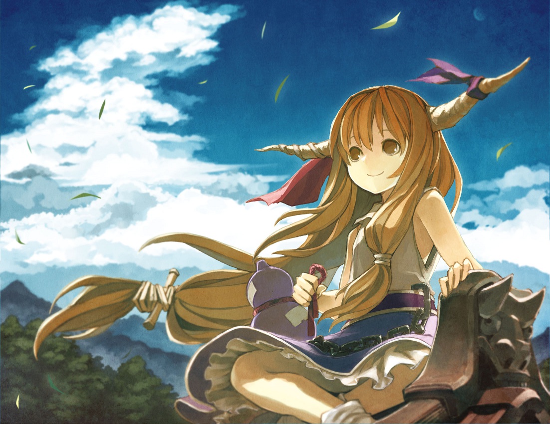 brown_eyes, brown_hair, clouds, horns, ibuki_suika, kitsune_(kazenouta), leaves, long_hair, sky, touhou