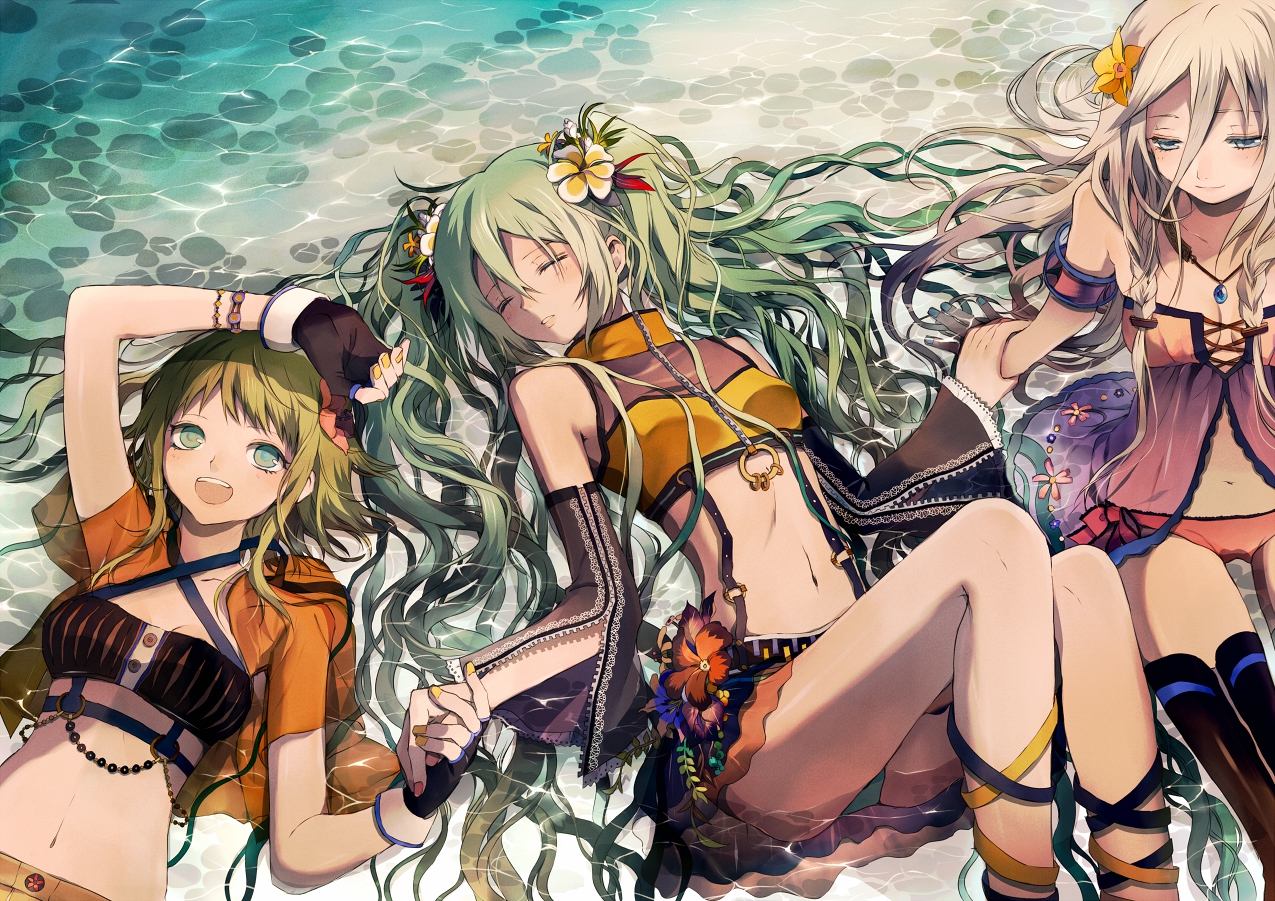 aqua_hair, blonde_hair, blue_eyes, flowers, green_hair, gumi, hatsune_miku, ia