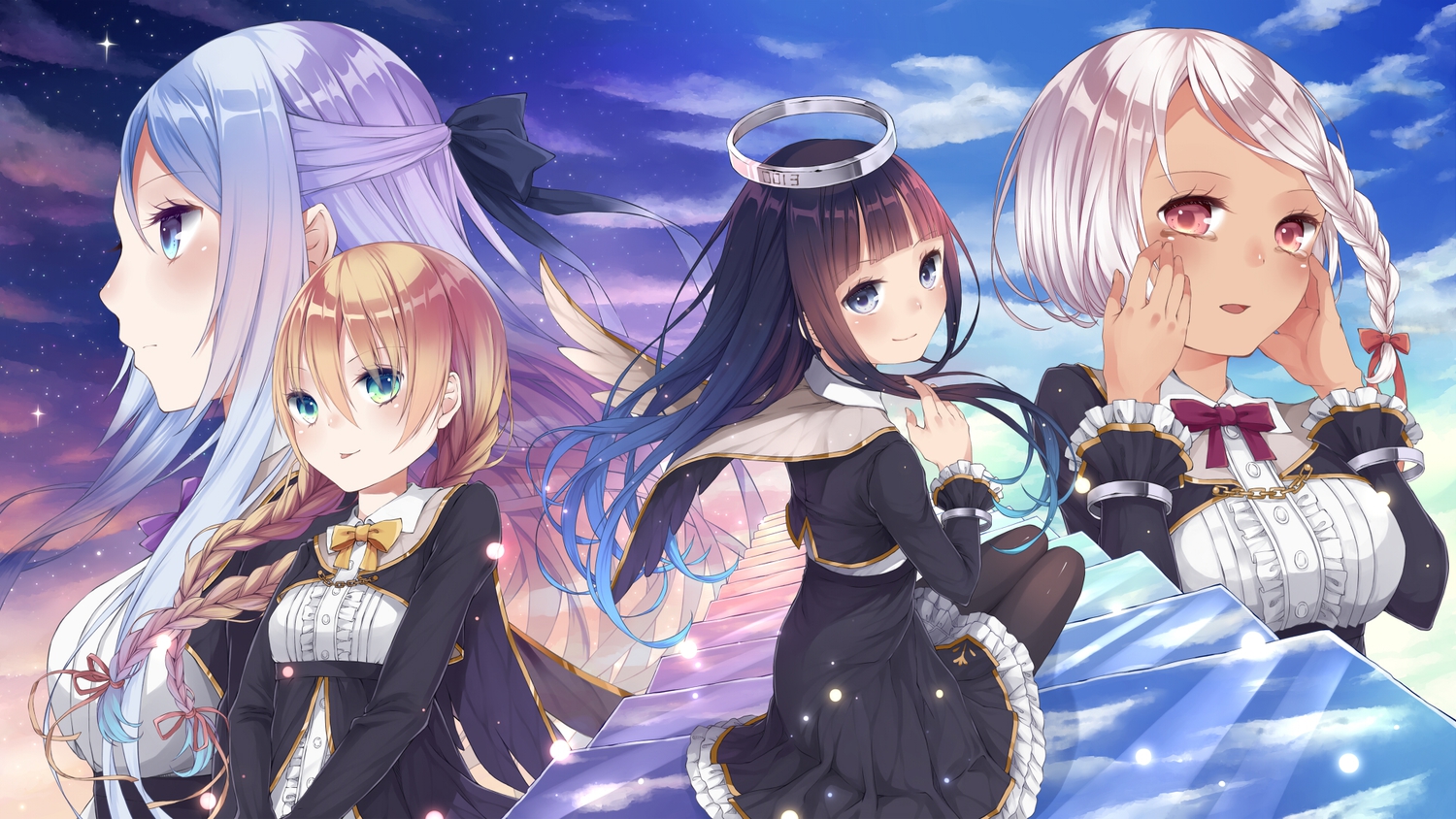 aquarium_tama, black_hair, blonde_hair, blue_eyes, blue_hair, braids, halo, original