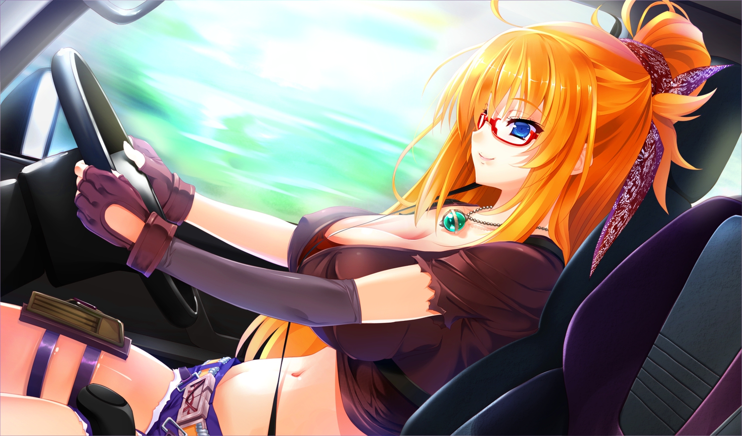 blonde_hair, breasts, car, cleavage, game_cg, glasses, hayakawa_harui, hirohara_honoka, lass, long_hair, necklace, shoujo_shiniki_shoujo_tengoku