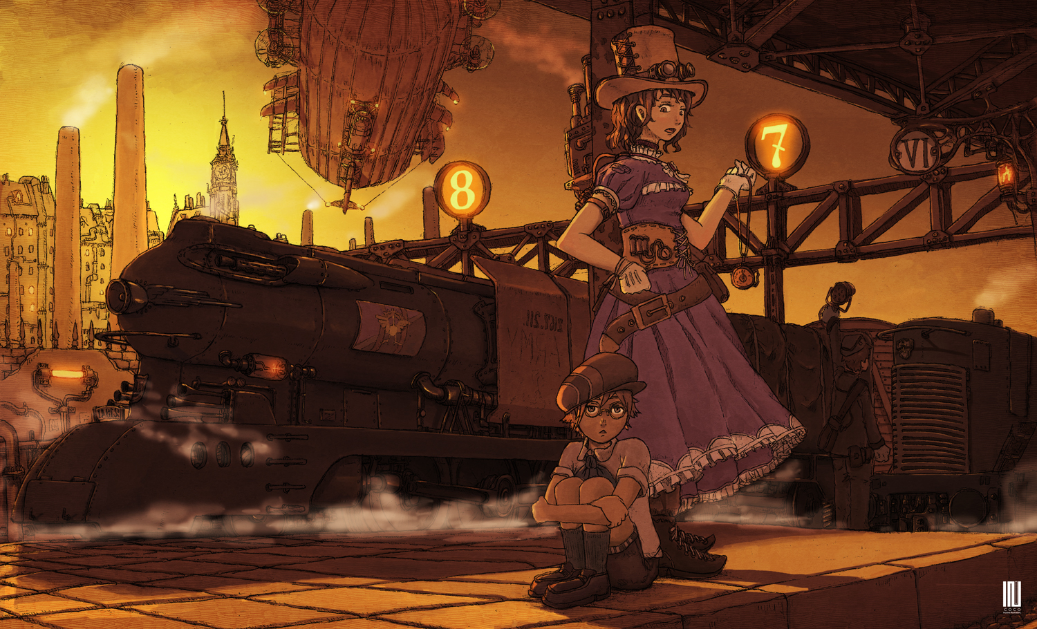 aircraft, brown, dress, glasses, gloves, goggles, hat, inukoko, original, train