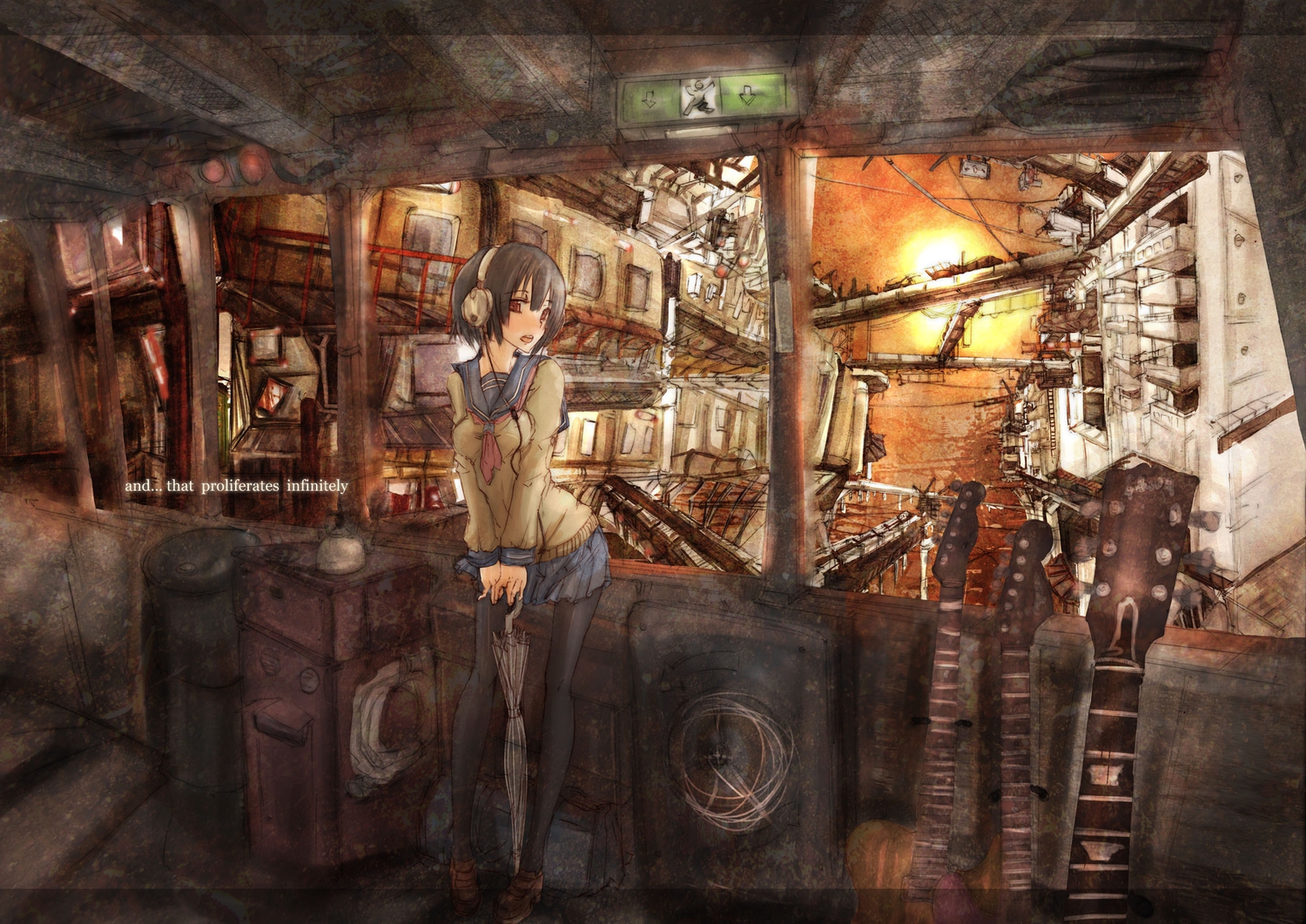black_hair, brown_eyes, building, guitar, headphones, instrument, original, pantyhose, rib:y(uhki), school_uniform, short_hair, sunset, umbrella