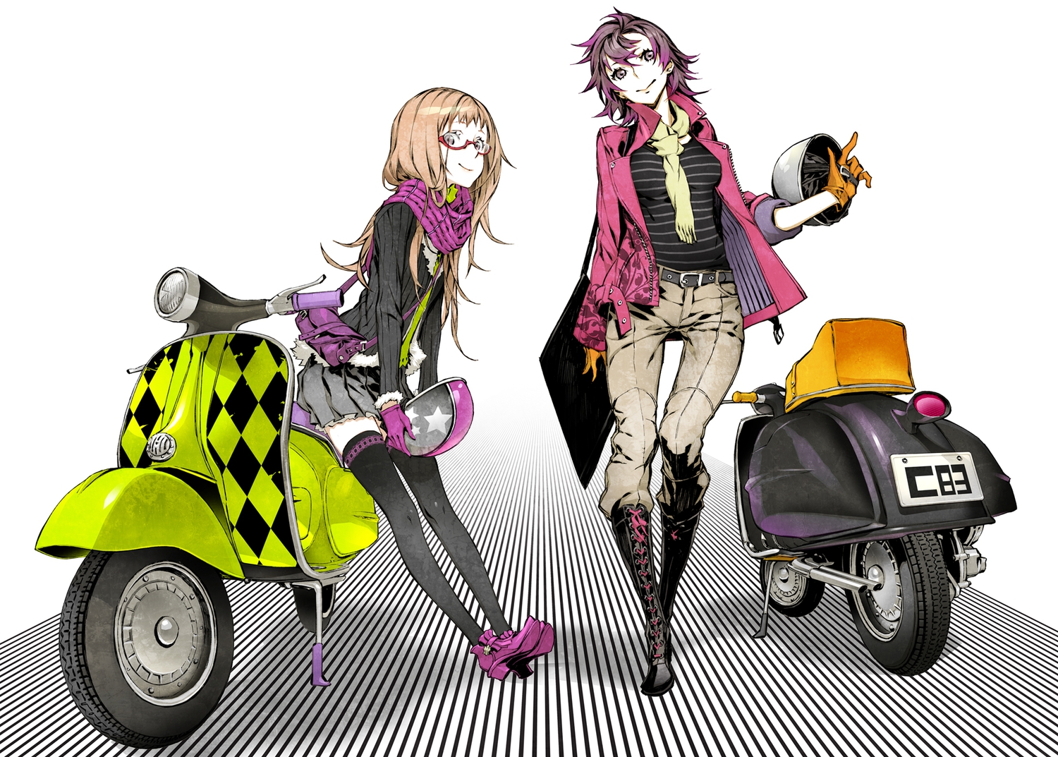 2girls, boots, brown_eyes, brown_hair, glasses, gloves, miwa_shirow, motorcycle