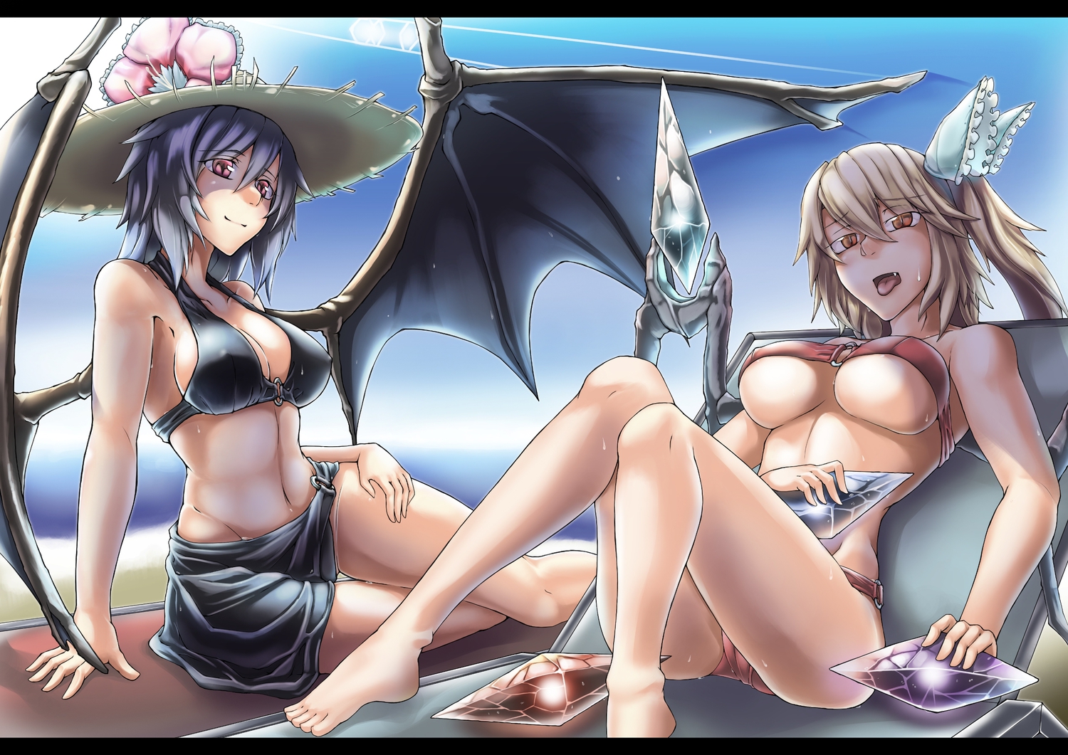 2girls, bikini, blue_hair, bow, breasts, cleavage, fang, flandre_scarlet, hat, nipple_slip, remilia_scarlet, ryuuno_stadtfeld, swimsuit, touhou, underboob, vampire, wings