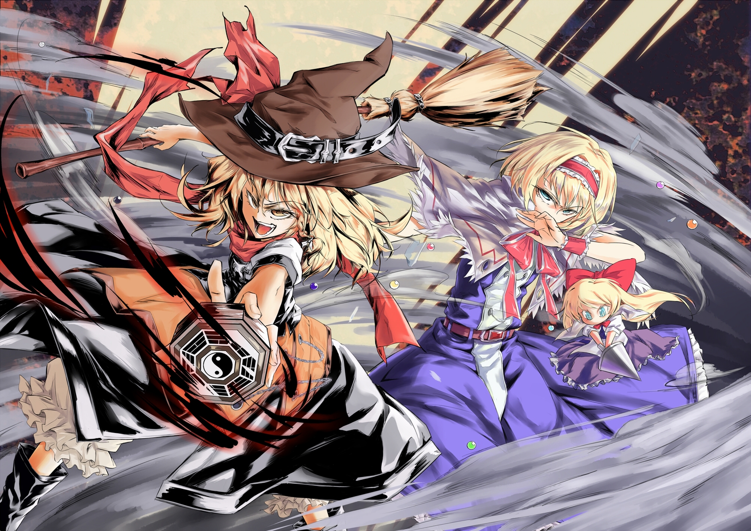 alice_margatroid, blonde_hair, blue_eyes, boots, doll, dress, hat, heiqi_(sharpface), kirisame_marisa, long_hair, mage, ribbons, scarf, shanghai_doll, short_hair, touhou, witch, yellow_eyes
